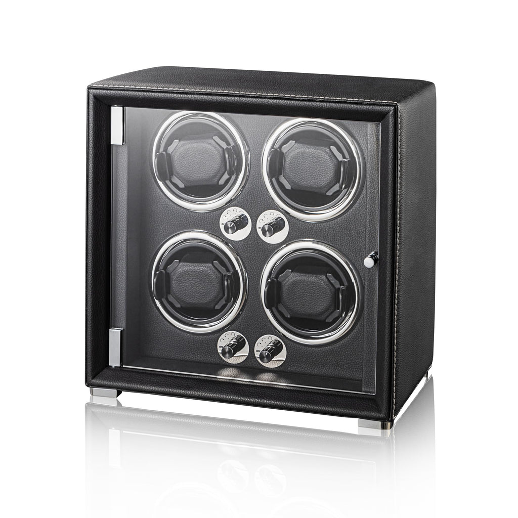 KOHUDIS Watch Winder for 2/4/6/9 Automatic Watches, high-end Leather Making, Super Quiet Mabuchi Motor, Two Power Modes, Built-in led Lights (Black, 4 Slots)