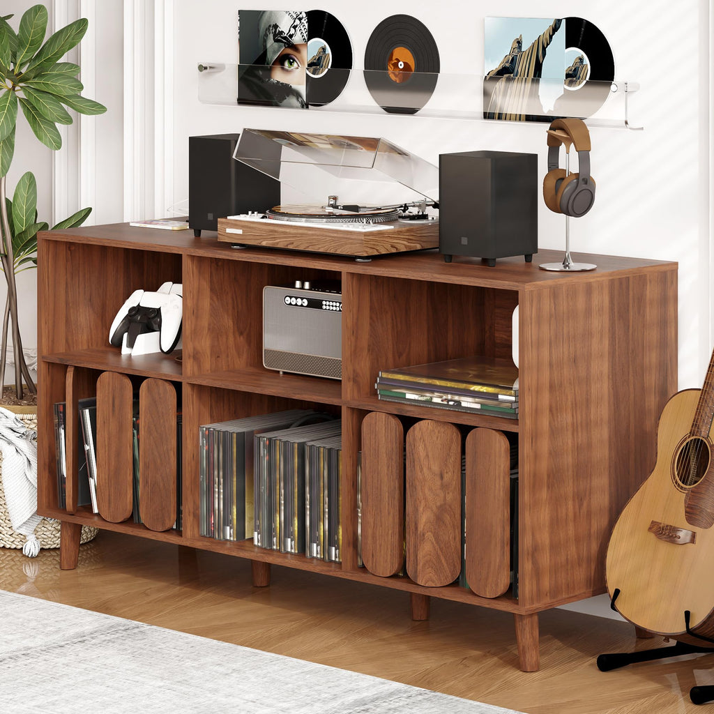 SLEKVERSA 55'' Vinyl Record Player Stand with Charging Station - Mid Century Modern Record Storage Cabinet w/6 Compartments, 2 USB Ports & Outlets - Turntable Table for Living Room