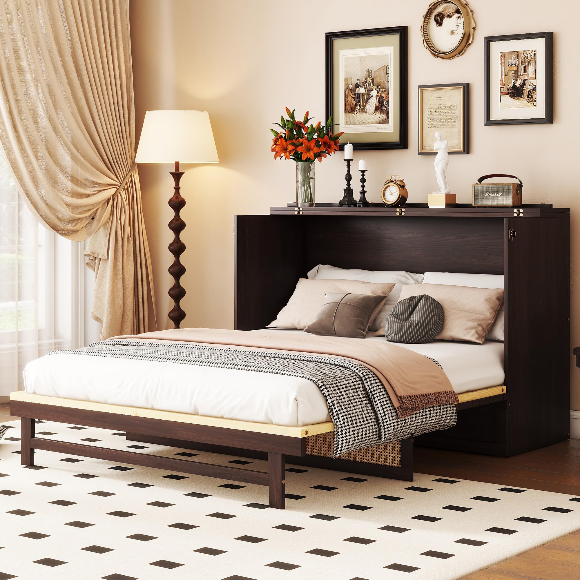 Ball & Cast Hideaway Cabinet Bed Queen Size,Wood Rattan Murphy Bedframe with Storage Drawer,Wall Platform can be Folded up,Space-Efficient Design,for Apartment,Bedroom,Espresso