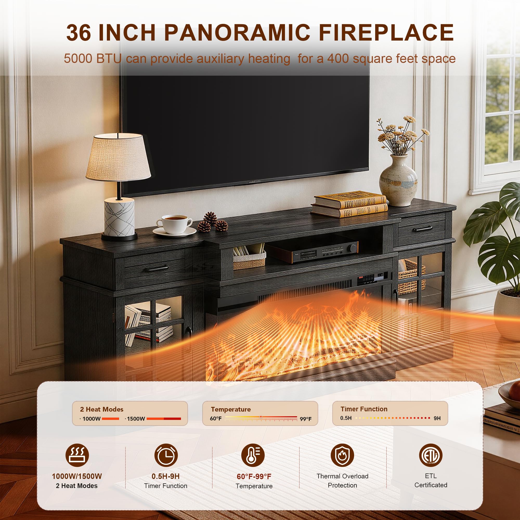 MXV 70" Fireplace TV Stand, 3-Sided Glass Fireplace and Modern Entertainment Center, Wooden Media Console with Glass Doors & Storage Drawers, LED Light, for Living Room, Black