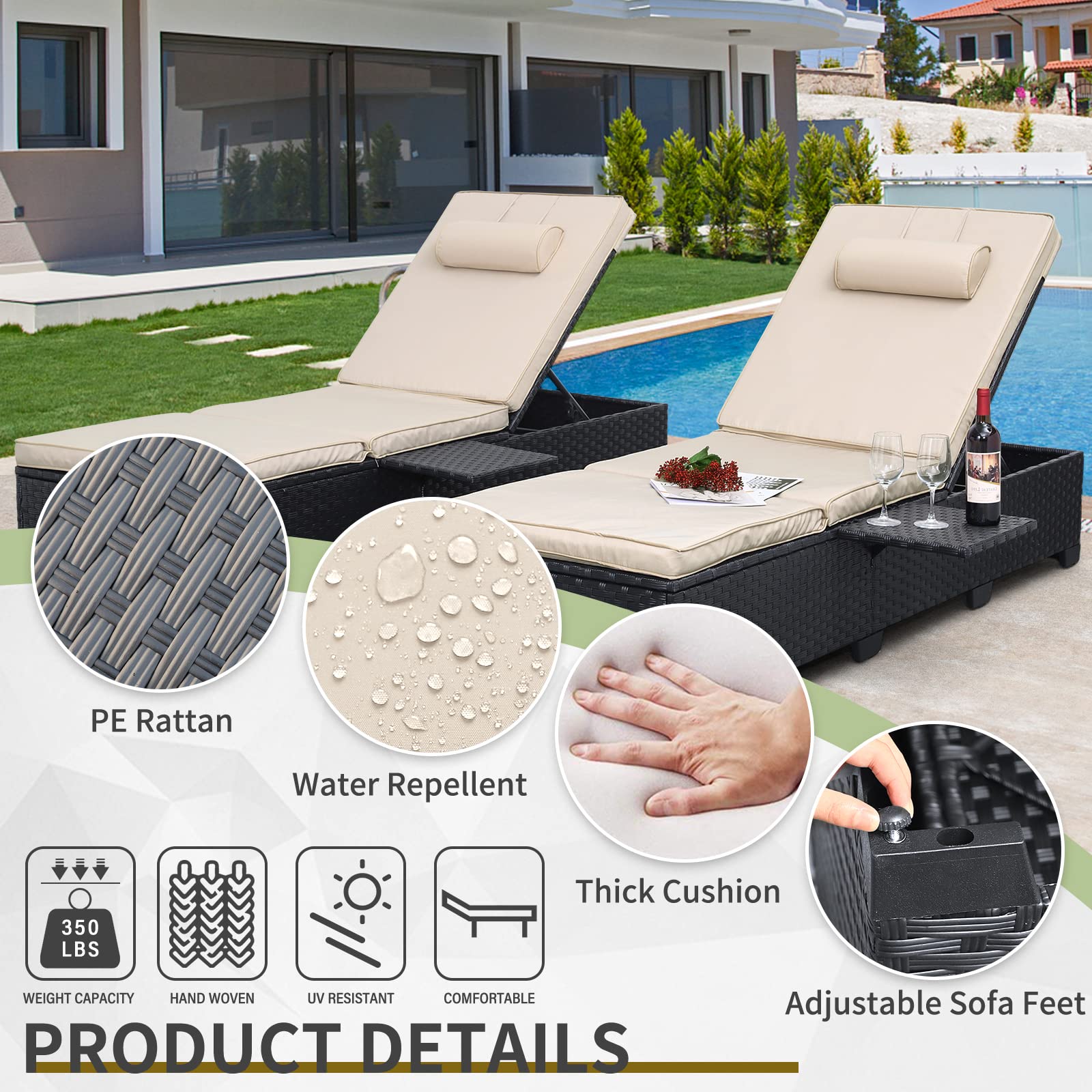 WAROOM Outdoor Chaise Lounge Chairs for Outside Patio Furniture Set of 2 Wicker Recliner Black Rattan Sunbathing Lounger Adjustable Backrest Pool Reclining Chair, Khaki Cushion