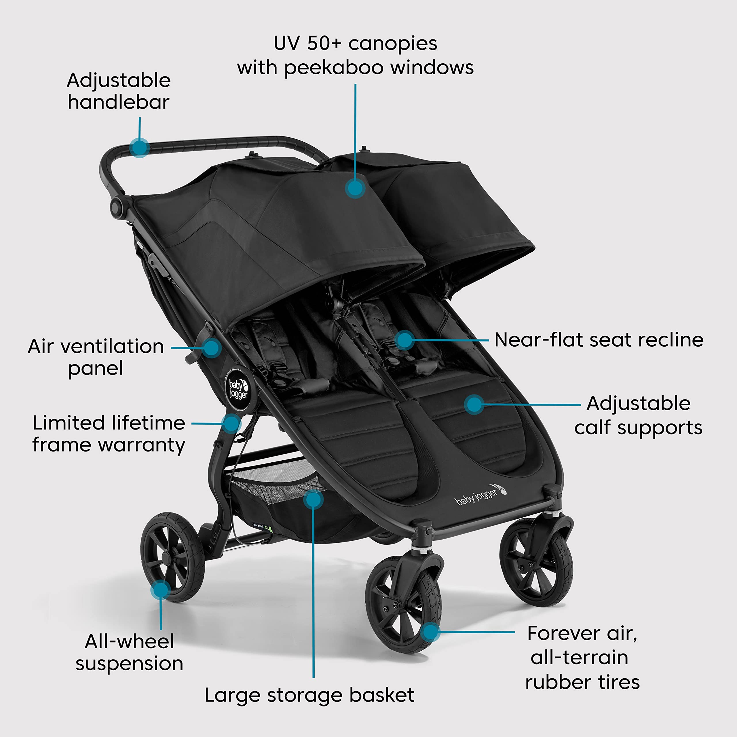 Baby Jogger® City Mini GT2 All-Terrain Double Stroller, Forever Air Rubber Tires, All-Wheel Suspension, Twin Stroller with Belly Bar, Leatherette Handlebar, Premium Fabric, Amazon Exclusive Pike Color