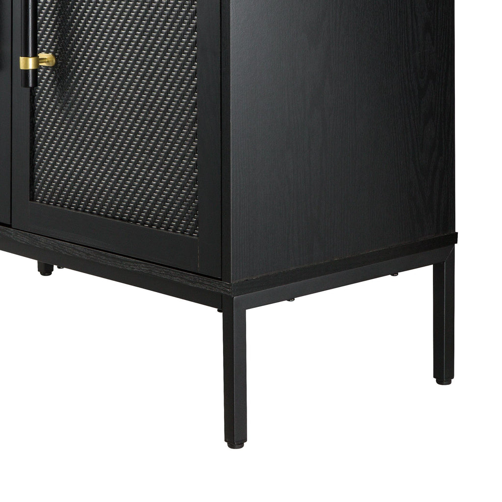 Hopper Studio Sophia 2-Door Accent Cabinet, Black Finish with Rattan Doors & Wood/Brass Handles, Adjustable Shelf, Aluminum Legs, Mid-Century Modern Storage for Luxury Living Room, Kitchen, Entryway