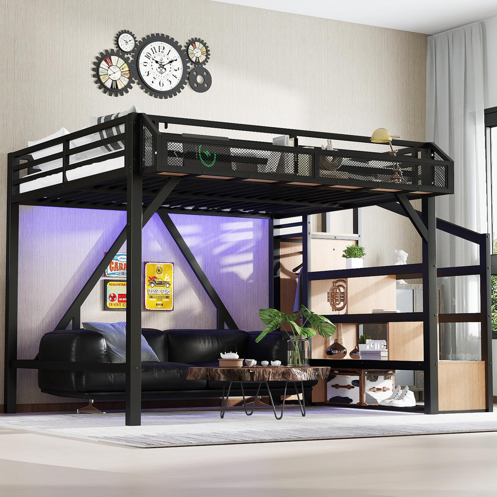Queen Loft Bed with Stairs and Wardrobe, Queen Size Loft Bed with Charging Station, Lights and Bedside Shelf, Heavy Duty Loft Bed Frame for Adults, Teens, Kids, Noise Free, Natural Wood