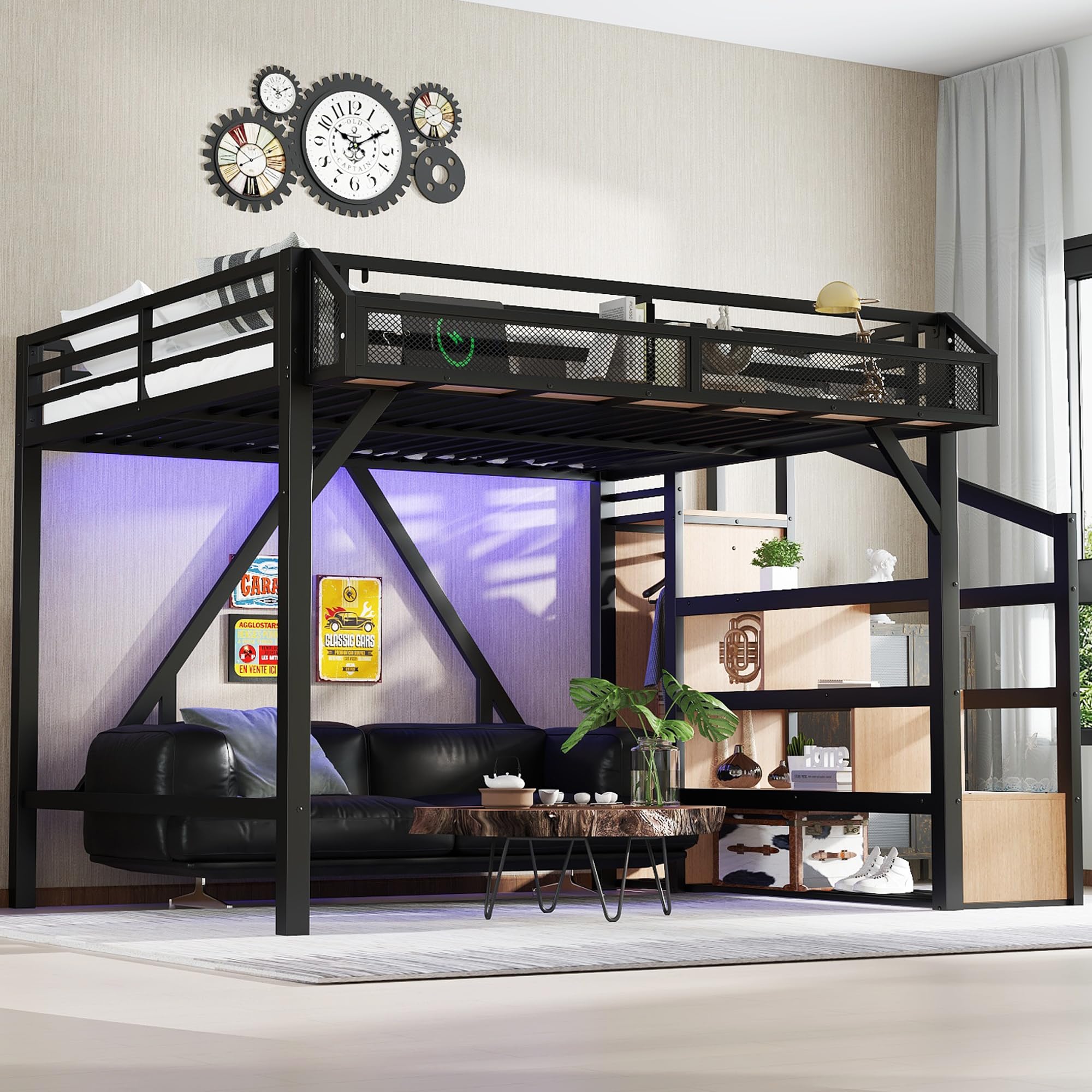 Queen Loft Bed with Stairs and Wardrobe, Queen Size Loft Bed with Charging Station, Lights and Bedside Shelf, Heavy Duty Loft Bed Frame for Adults, Teens, Kids, Noise Free, Natural Wood