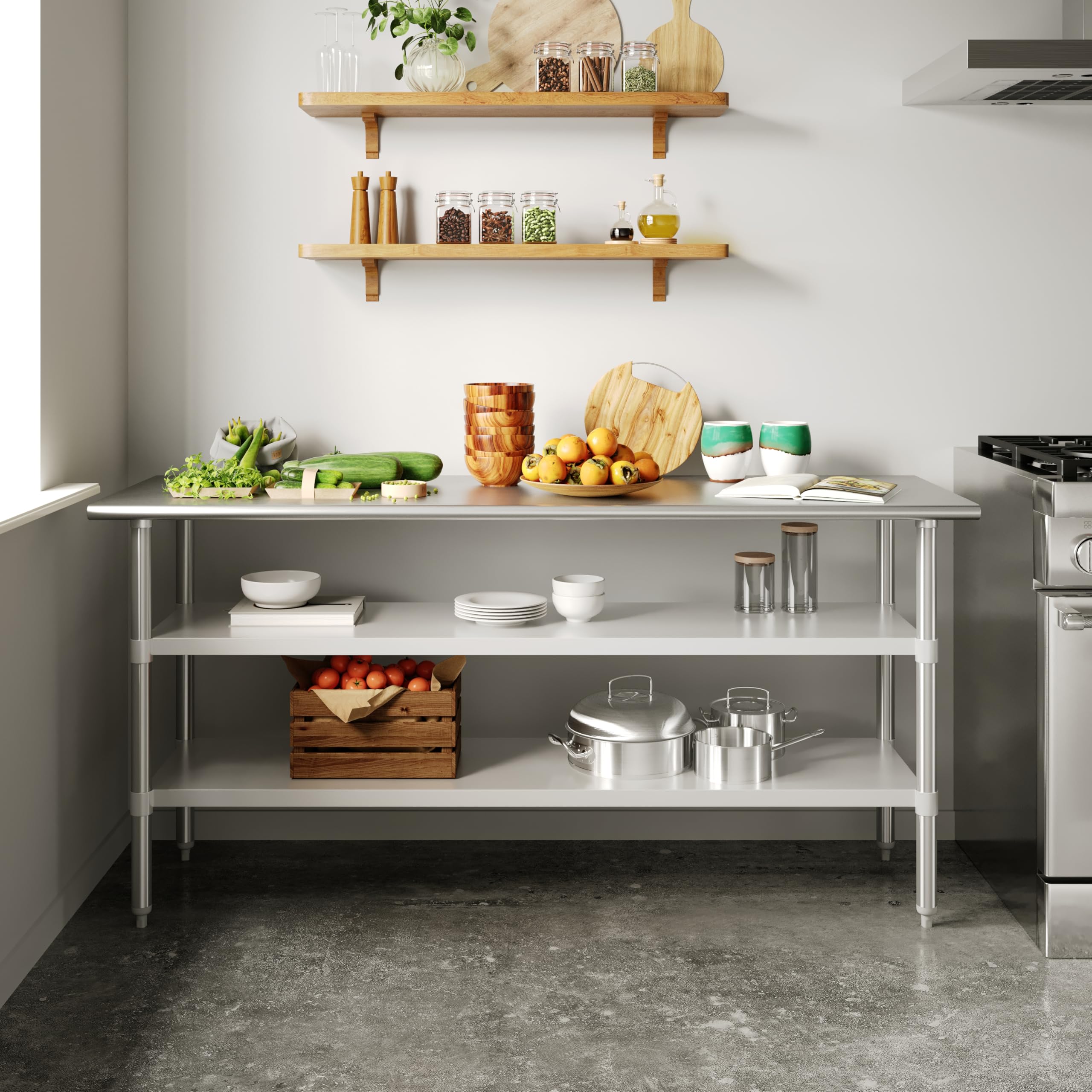 Flash Furniture Reese Stainless Steel 18 Gauge Work Table with 2 Undershelves - NSF Certified - 72" W x 24" D x 34.5" H
