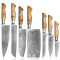 SENKEN 7-Piece Damascus Kitchen Knife Set - Dynasty Collection - 67-Layer Japanese VG10 Steel with Sycamore Wood Handles, Chef's Knife, Cleaver, Bread, Santoku, Boning, & More