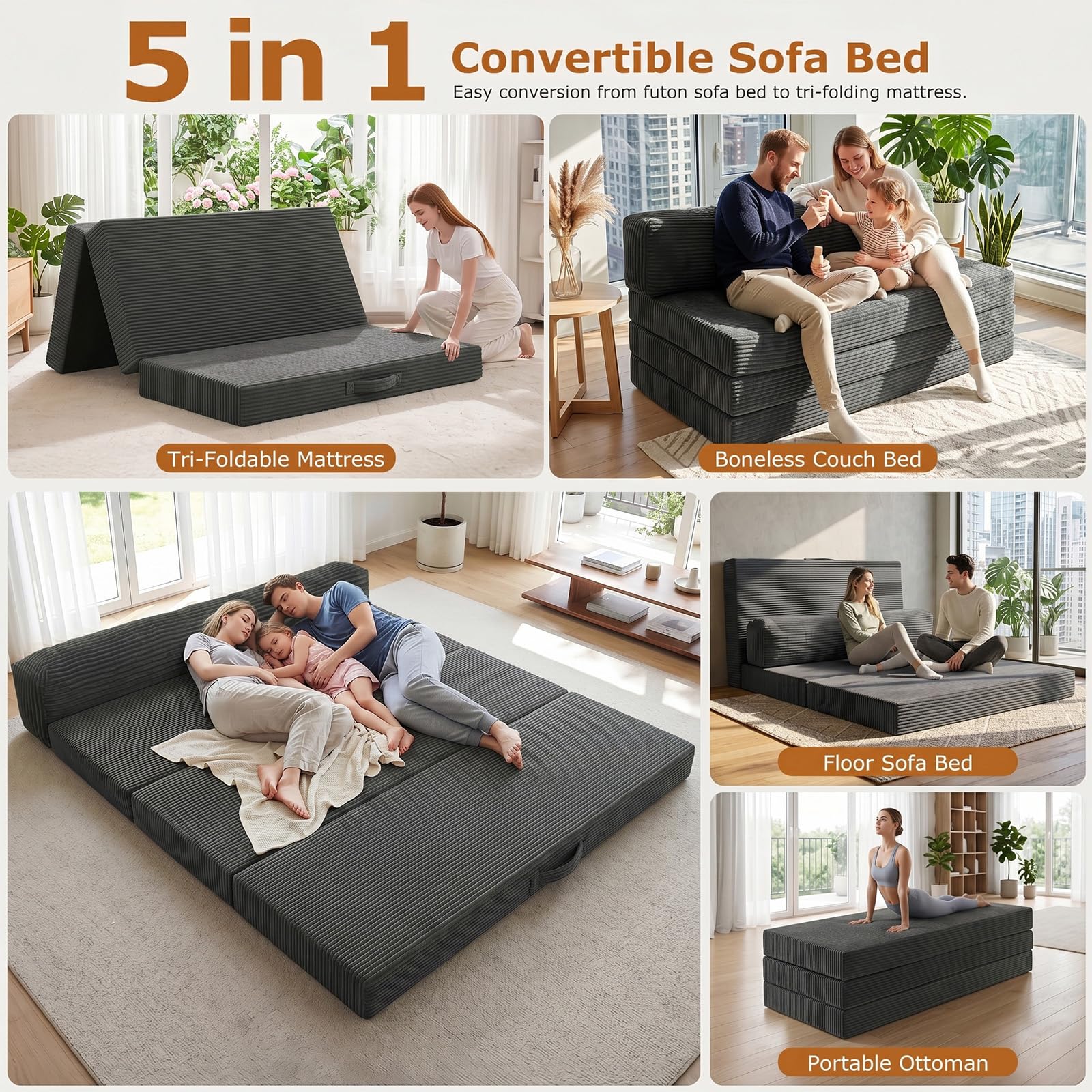 JUIKURY 5 in 1 Foldable Floor Sofa Bed, Tri-Fold Memory Foam Futon Mattress, Convertible Sleeper Couch Guest Bed, Portable Fold Out Sofa Couch for Living Room Apartment Office Guest Room