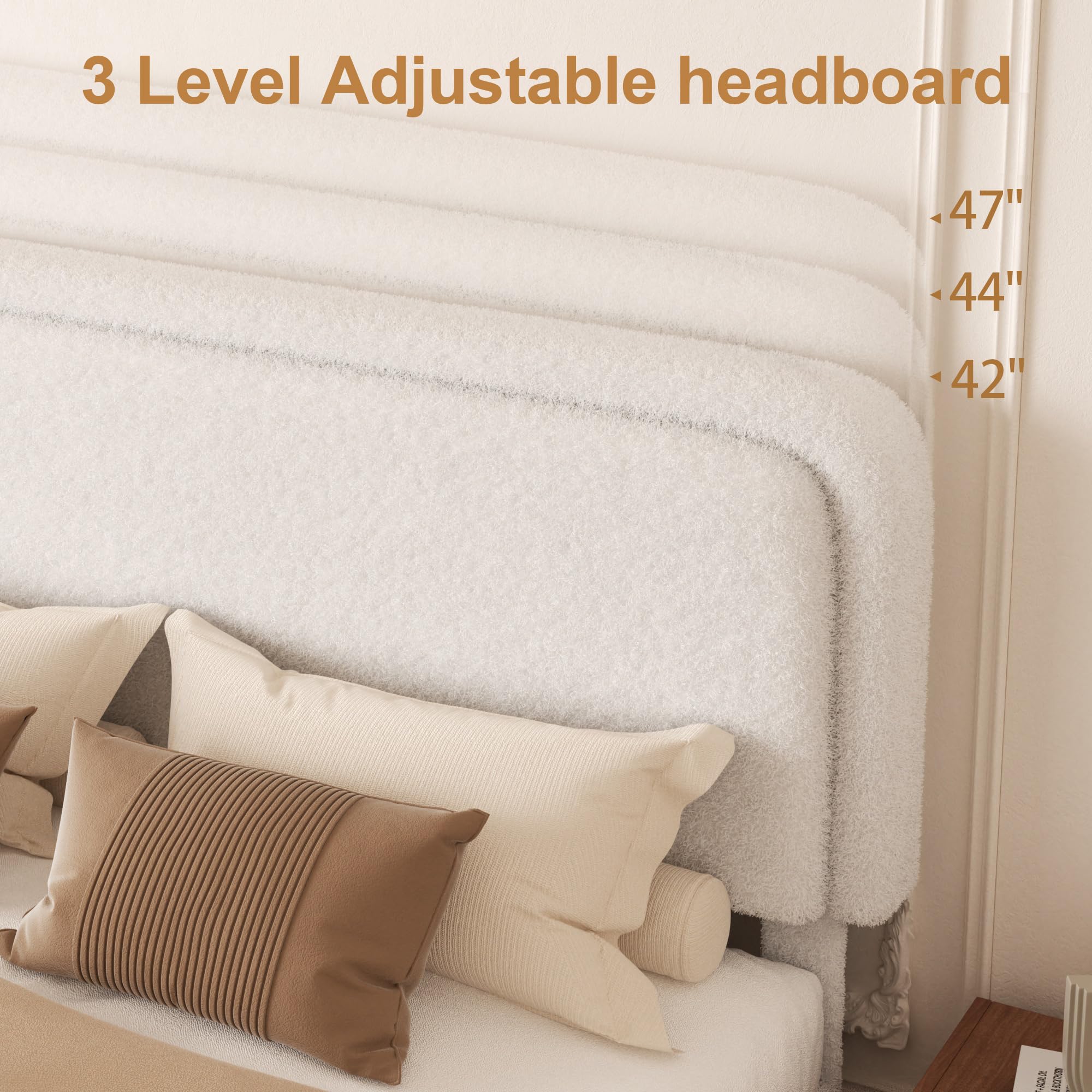 viplov Queen Size Boucle Upholstered Platform Bed Frame with Adjustable Headboard, Soft Cloud Bed, No Box Spring Needed, Noise Free, Easy Assembly, White