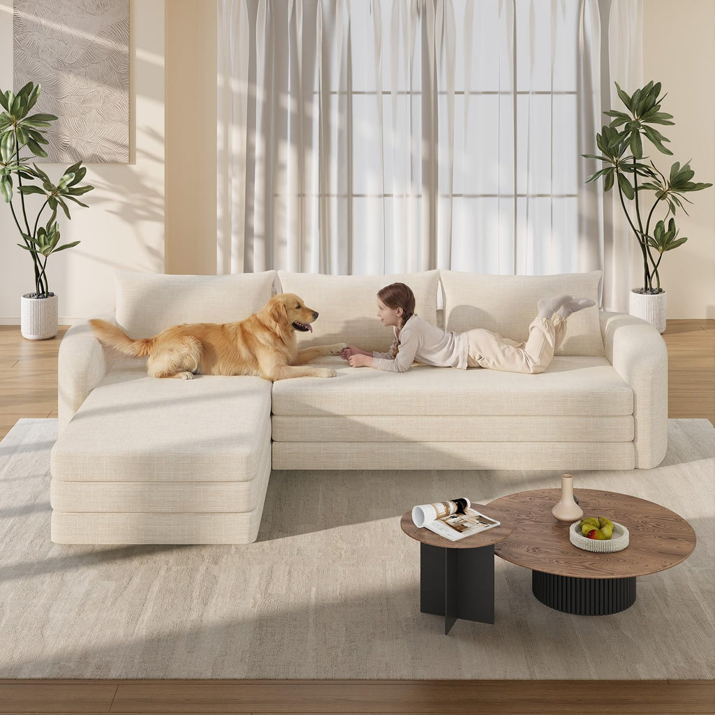 Vesgantti 6 in 1 Convertible Folding Sleeper Sofa Bed, 110.2" Modular Sectional Sofa with Curved Armrest, Chenille Boneless Couch for Living Room, No Assembly Required, Beige, Left Facing Chaise