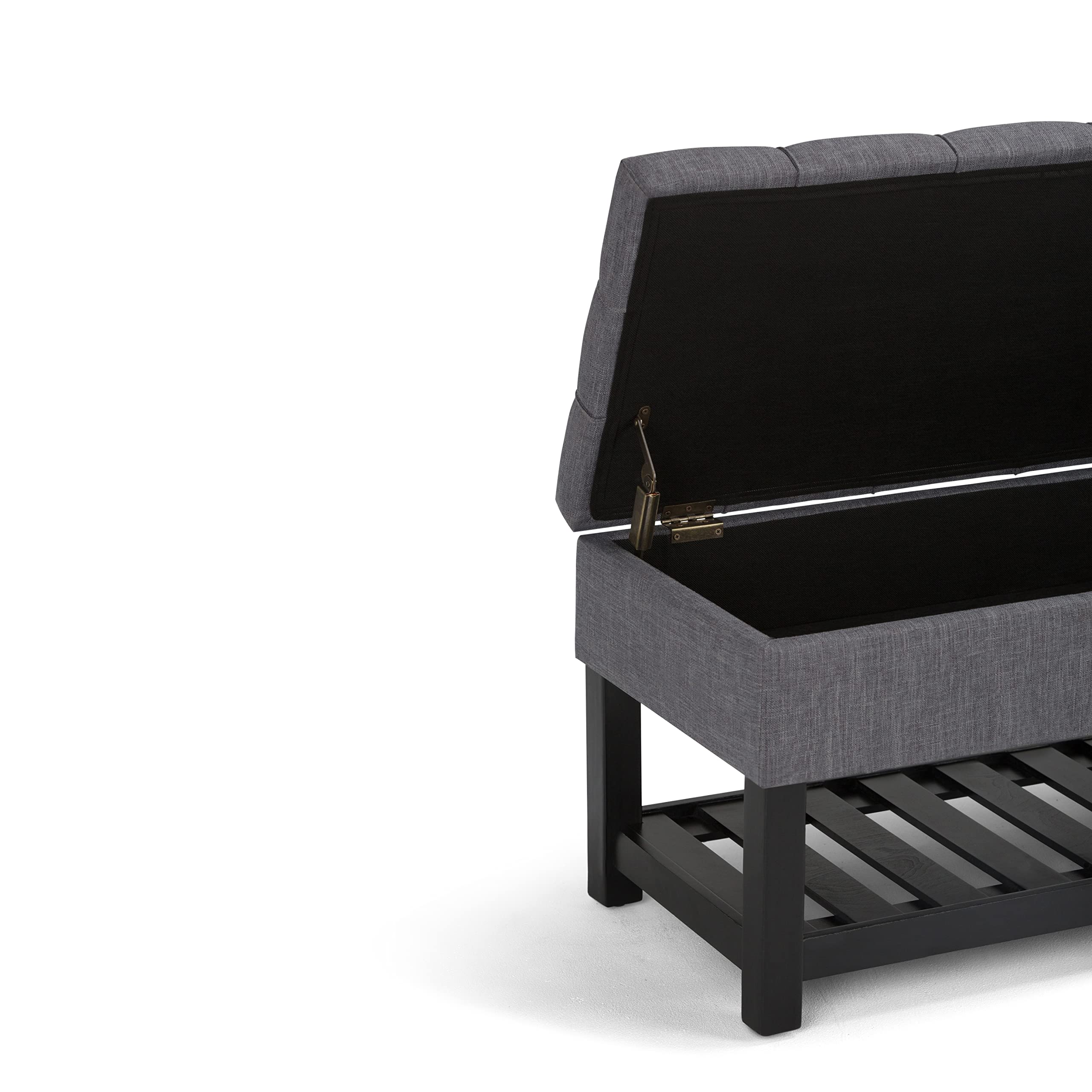 SIMPLIHOME Saxon Storage Ottoman Bench - 43 inch Wide Upholstered Linen Look Fabric Rectangle Storage Ottoman in Slate Grey, Transitional Bench for Bedroom with Tufted Lift-Top and Open Bottom Shelf