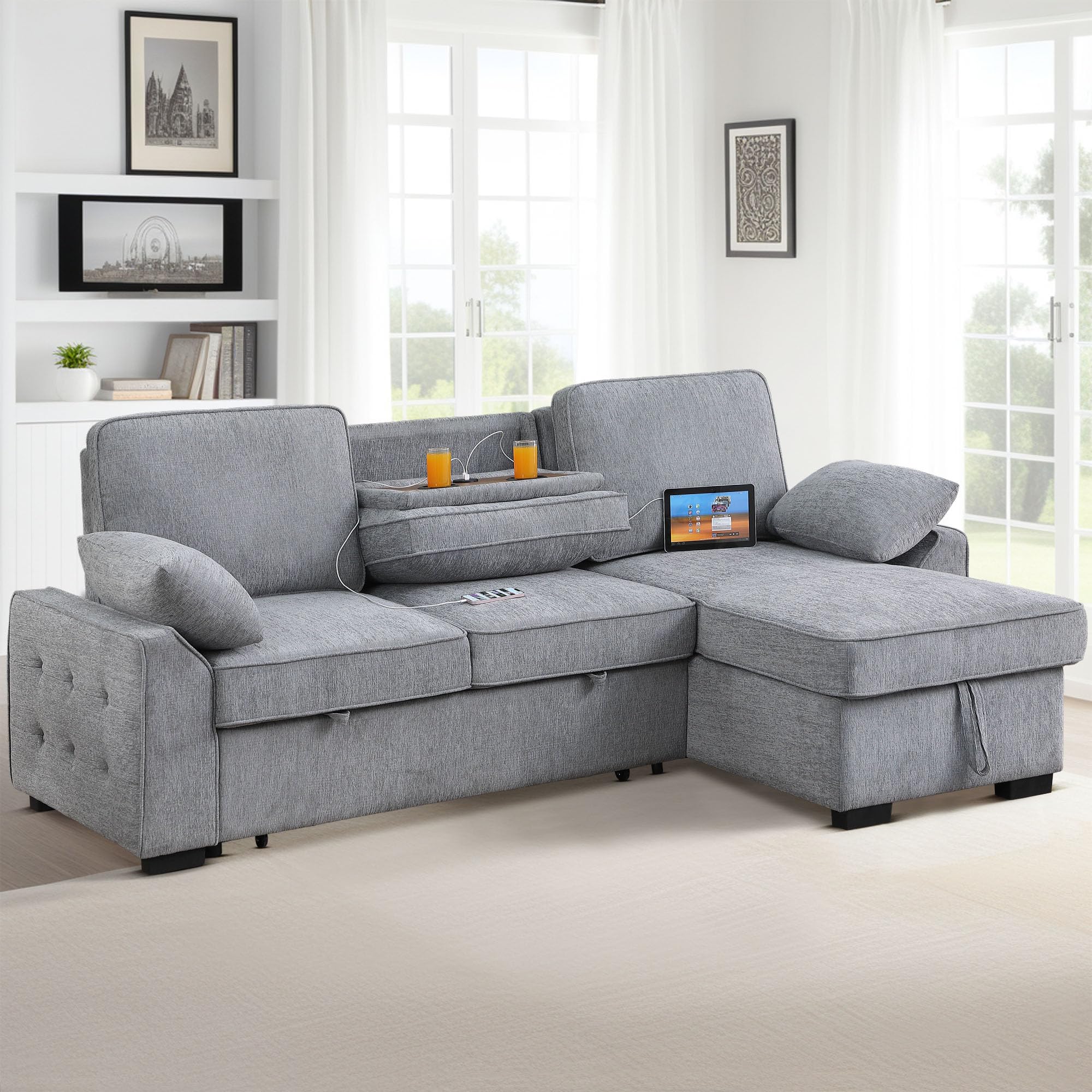 ERYE L-Shaped Pull Out Sleeper Couch Bed, Modern Chenille Upholstered Button Tufted Corner Couch Reversible Sectional Sleeper Sofa Bed W/Storage Chaise, Cup Holders