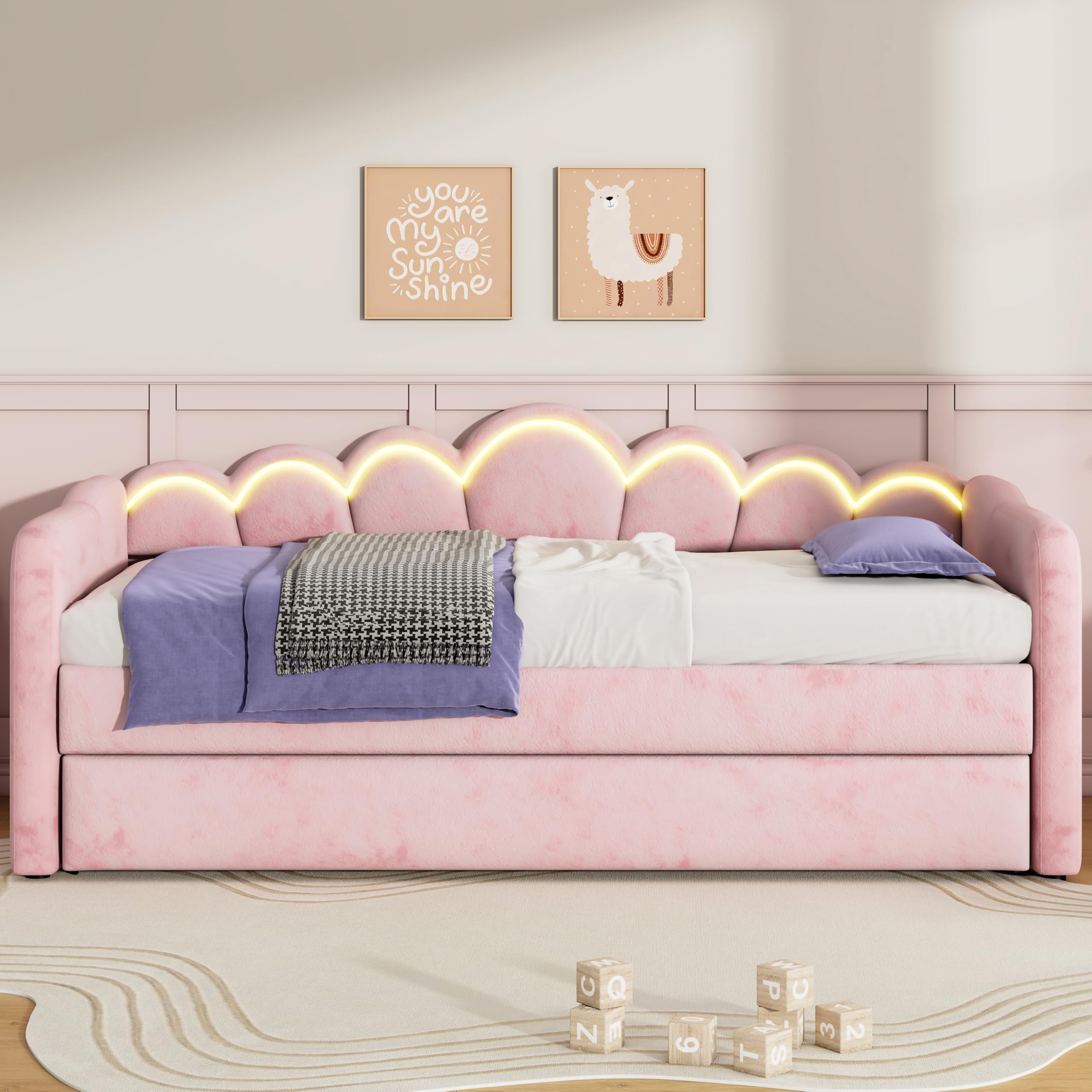 Merax Twin XL Size Upholstered Daybed with Trundle & Adjustable LED Lights, Velvet Trundle Bed, Trundle can be Flat or Erected, Sofa Day Bed for Bedroom Guest Room, No Box Spring Needed, Pink
