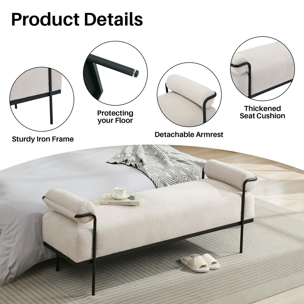 SOFTHION End of Bed Bench 61.2",Entryway Bench,Modern Upholstered Bench Ottoman,Chenille Paded Footrest Stool with Metal Legs for Living Room, Foyer Mudroom Hallway,Beige