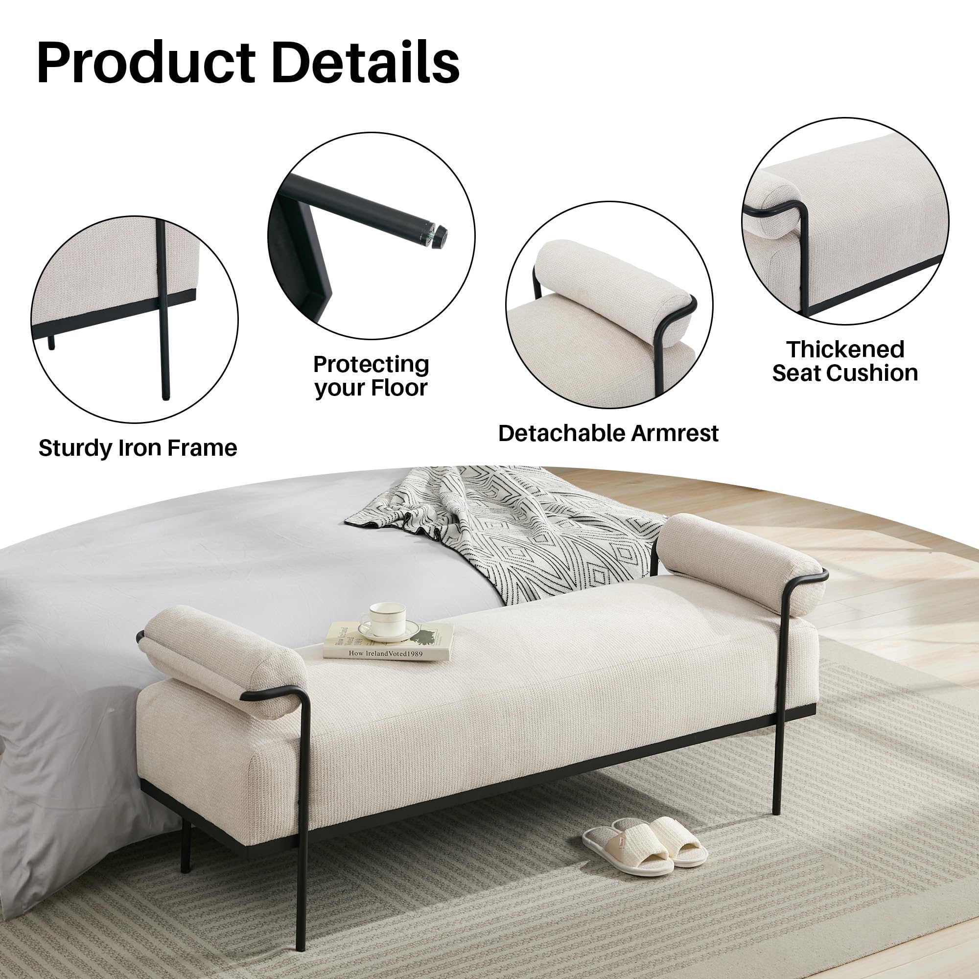 SOFTHION End of Bed Bench 61.2",Entryway Bench,Modern Upholstered Bench Ottoman,Chenille Paded Footrest Stool with Metal Legs for Living Room, Foyer Mudroom Hallway,Beige