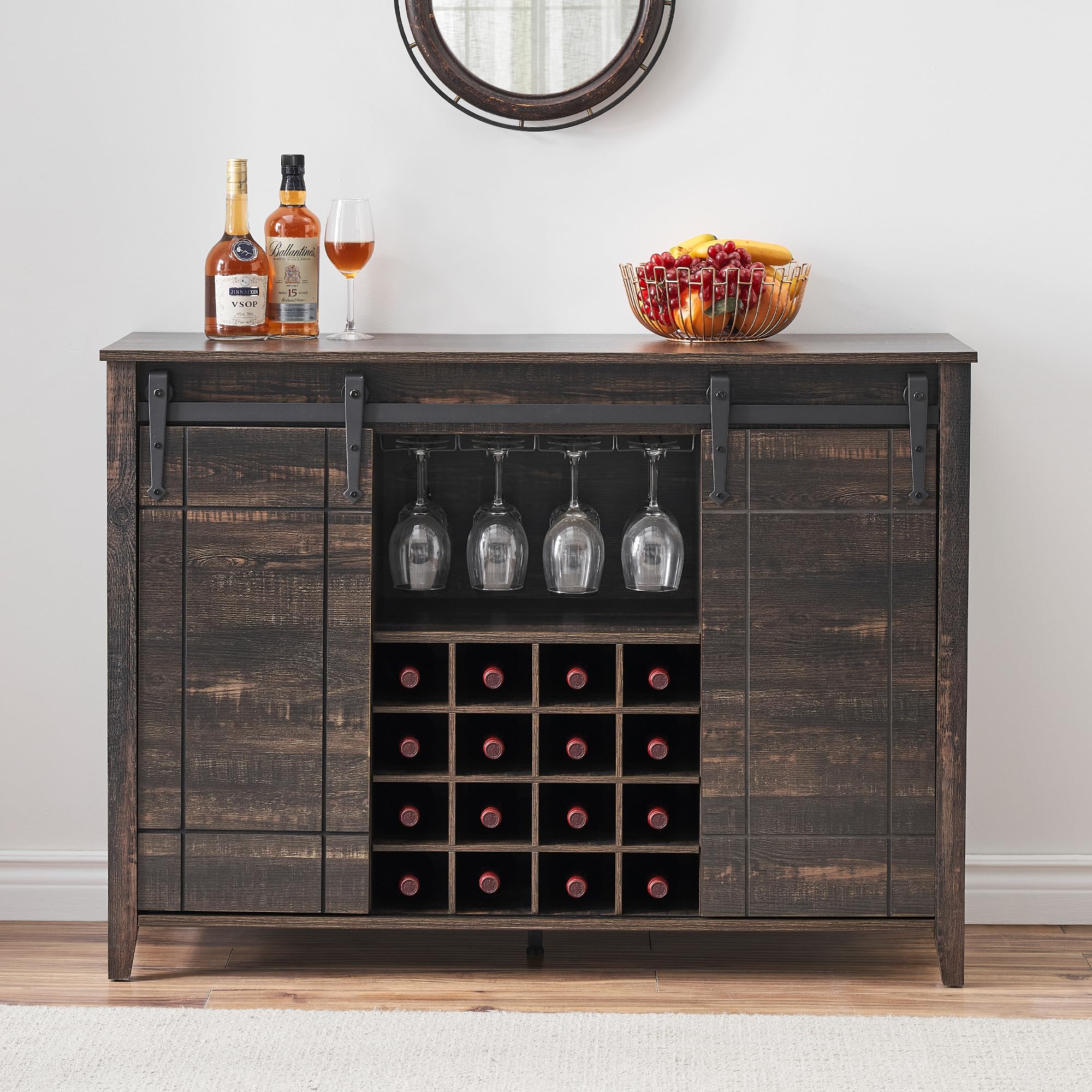 IDEALHOUSE Wine Bar Cabinet,Coffee Bar Cabinet,Farmhouse Liquor Station,Rustic Buffet Sideboard with Sliding Barn Doors,Wine & Glass Racks,Adjustable Shelves,for Living Room,Kitchen,Entryway(Fire)