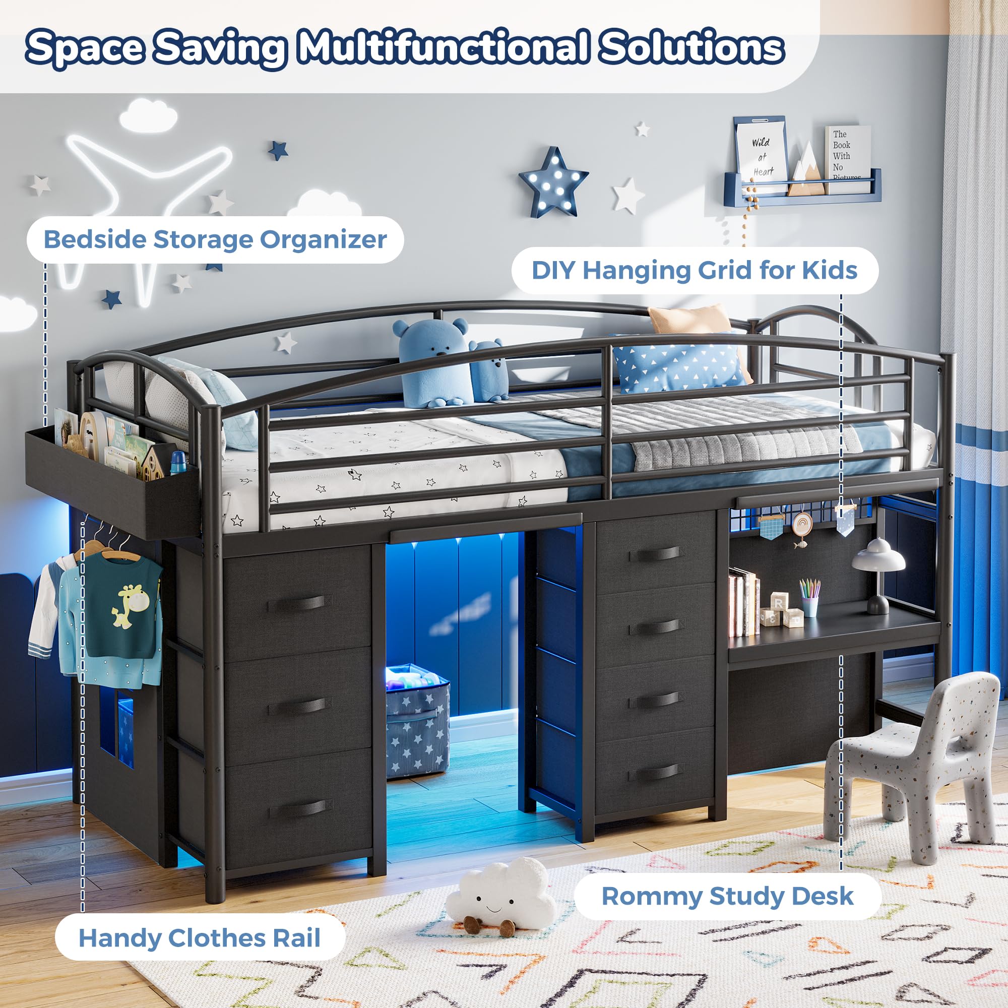 Low Loft Bed Twin Size with 7 Storage Drawers, Desk and LED Lights, Heavy Duty Metal Kids Loft Bed with 13.8" H Safety Guardrail, Anti-Collision Pad, Private Play Curtain, Under-Bed Play Space - Black