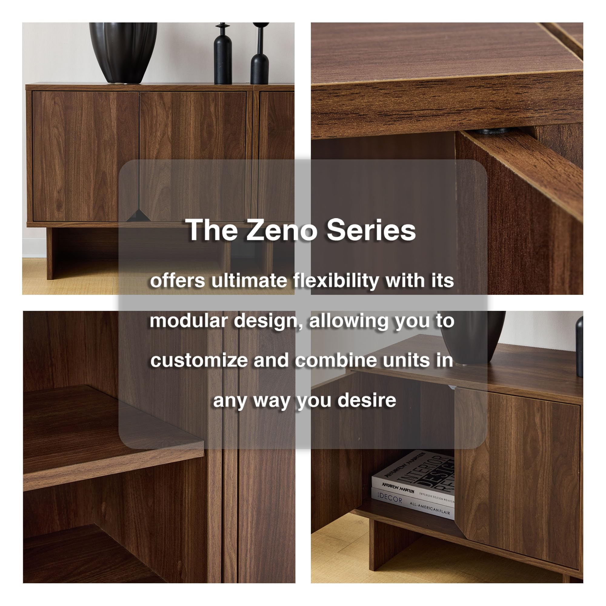 Modular TV Stand for 100-Inch TV,Also Used as Storage Sideboards,Bookcase,4pcs End Table,Nightstand,Buffet Cabinets with Adjustable Shelf,Coffee Table for Living Room,Dining Room,Bedroom, Walnut