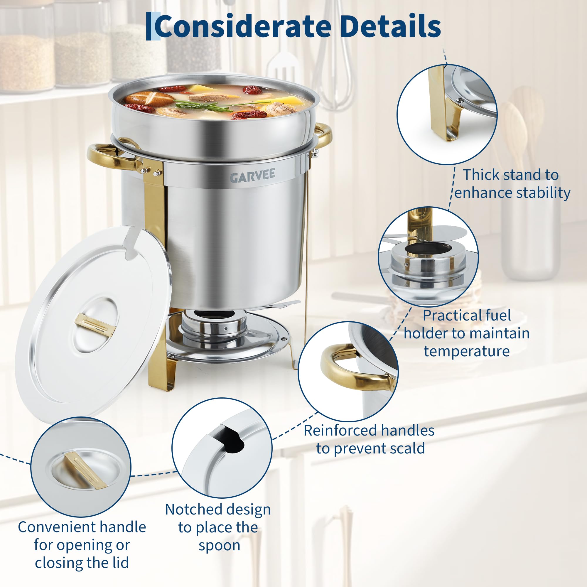 GarveeHome 11QT Round Soup Chafer Sets of 4, Commercial Soup Warmer with Pot, Notched Lids & Fuel Holders, Stainless Steel Food Warmer for Buffets Parties Wedding Banquets Catering, Gold
