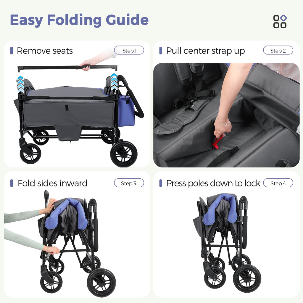 MOMFANN Wagon Stroller for 4 Kids, All-Terrain 4-Seater Folding Wagon with 5-Point Harness, Adjustable Push-Pull Handle, Removable Canopy, Oversized Storage Organizer, Compact Fold - Grey