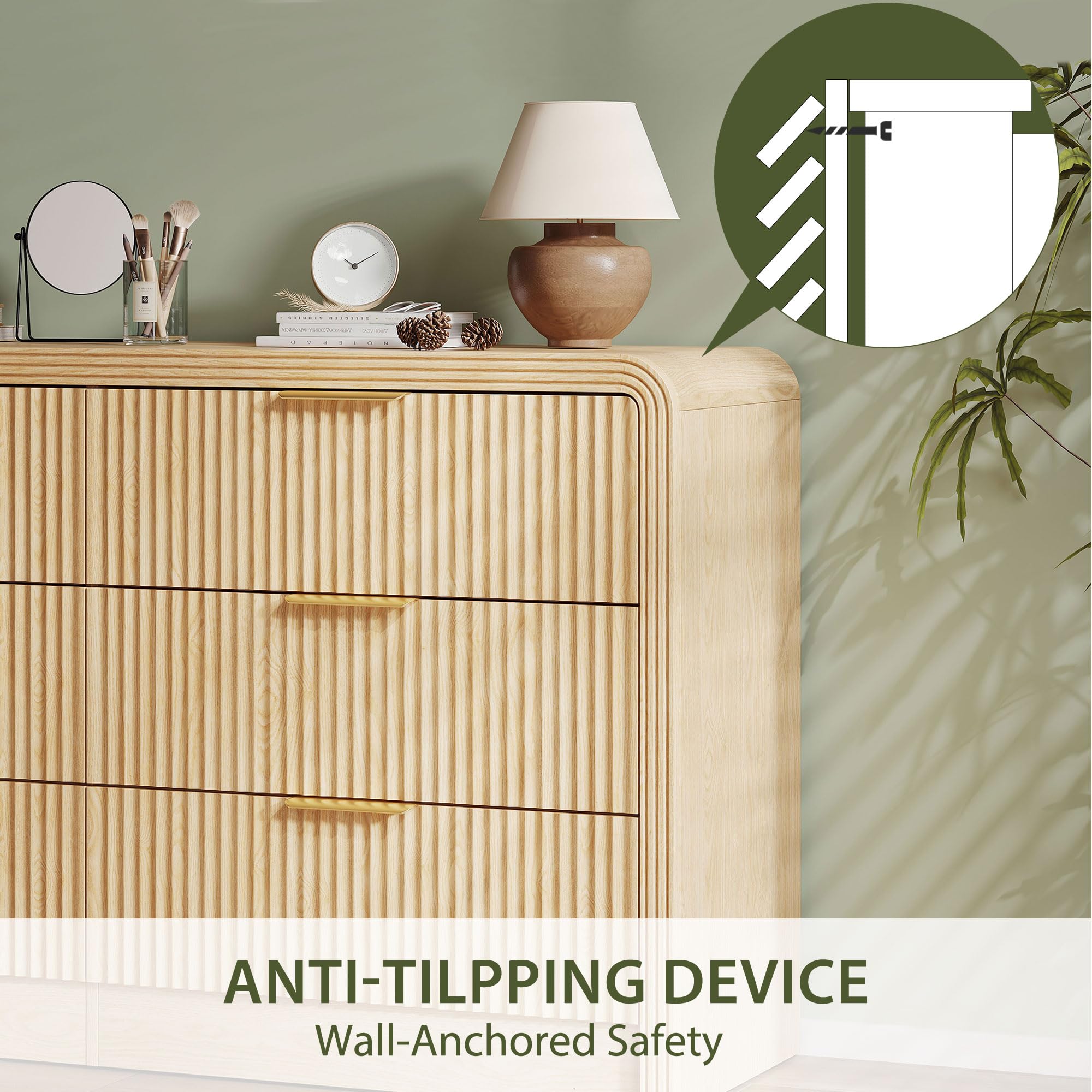 Decofy Fluted Drawers Dresser for Bedroom, Wood Dressers with Gold Handles, Modern Dressers with Wave Texture, Large Storage Chest of Drawers, Bedroom Dresser Organizer 55'' & 6 Drawers (Natural Oak)