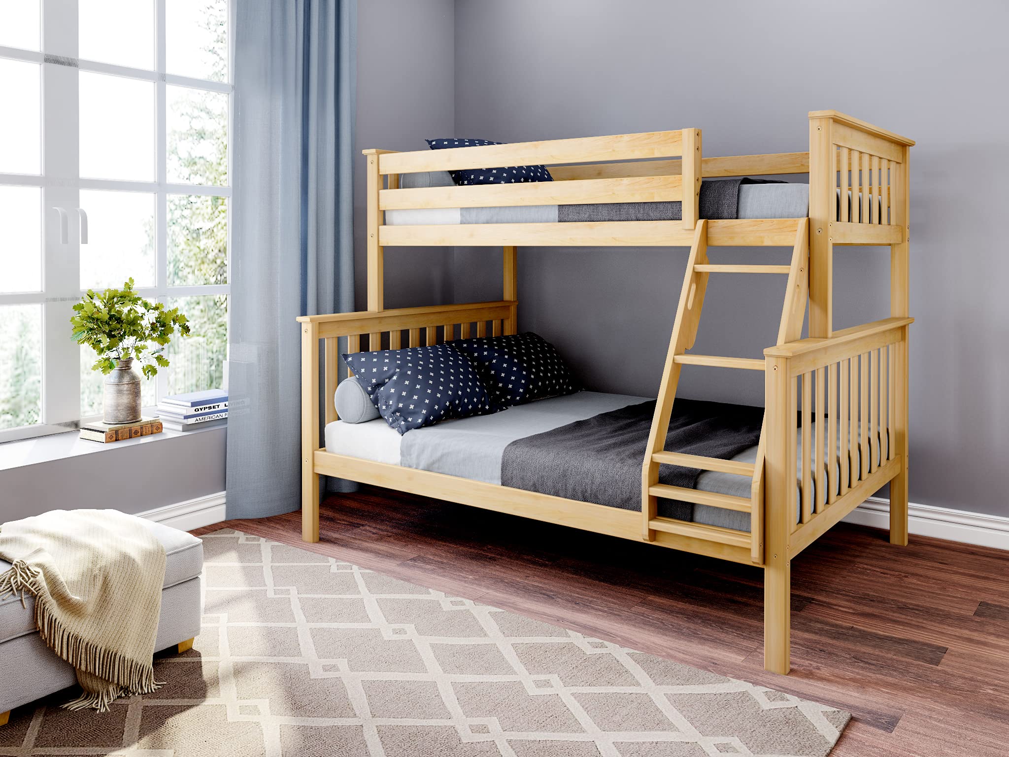 Max & Lily Bunk Bed Twin Over Full Size with Ladder, Solid Wood Platform Bed Frame with Ladder for Kids, 14" Safety Guardrails, Easy Assembly, No Box Spring Needed, Natural