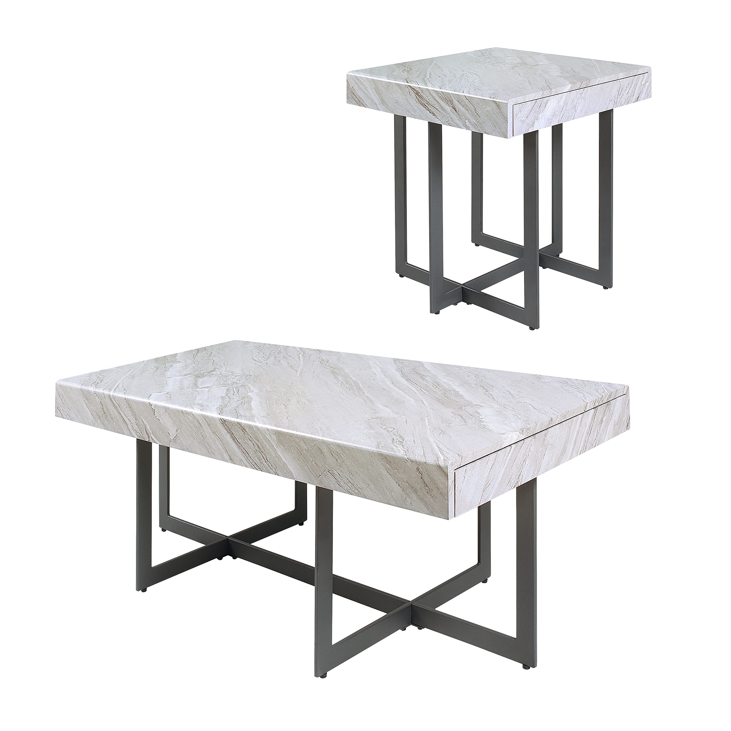 Furniture of America Willy Modern Storage Faux Marble Top 2-Piece Coffee and End Table Set for Living Room, Gray