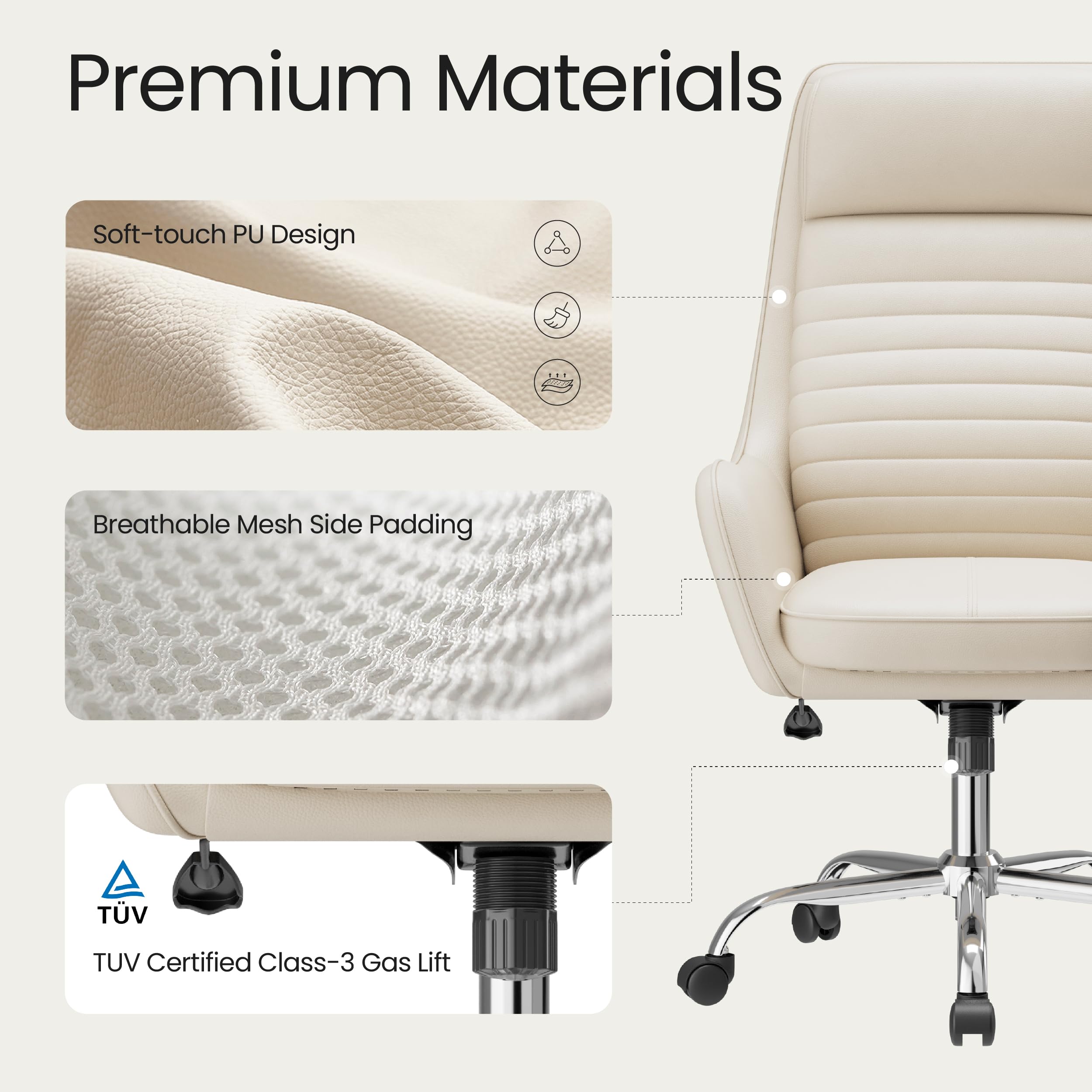 COLAMY Ellis High-Back Home Office Desk Chair, Leather Executive Chair with Integrated Armrests, Beige