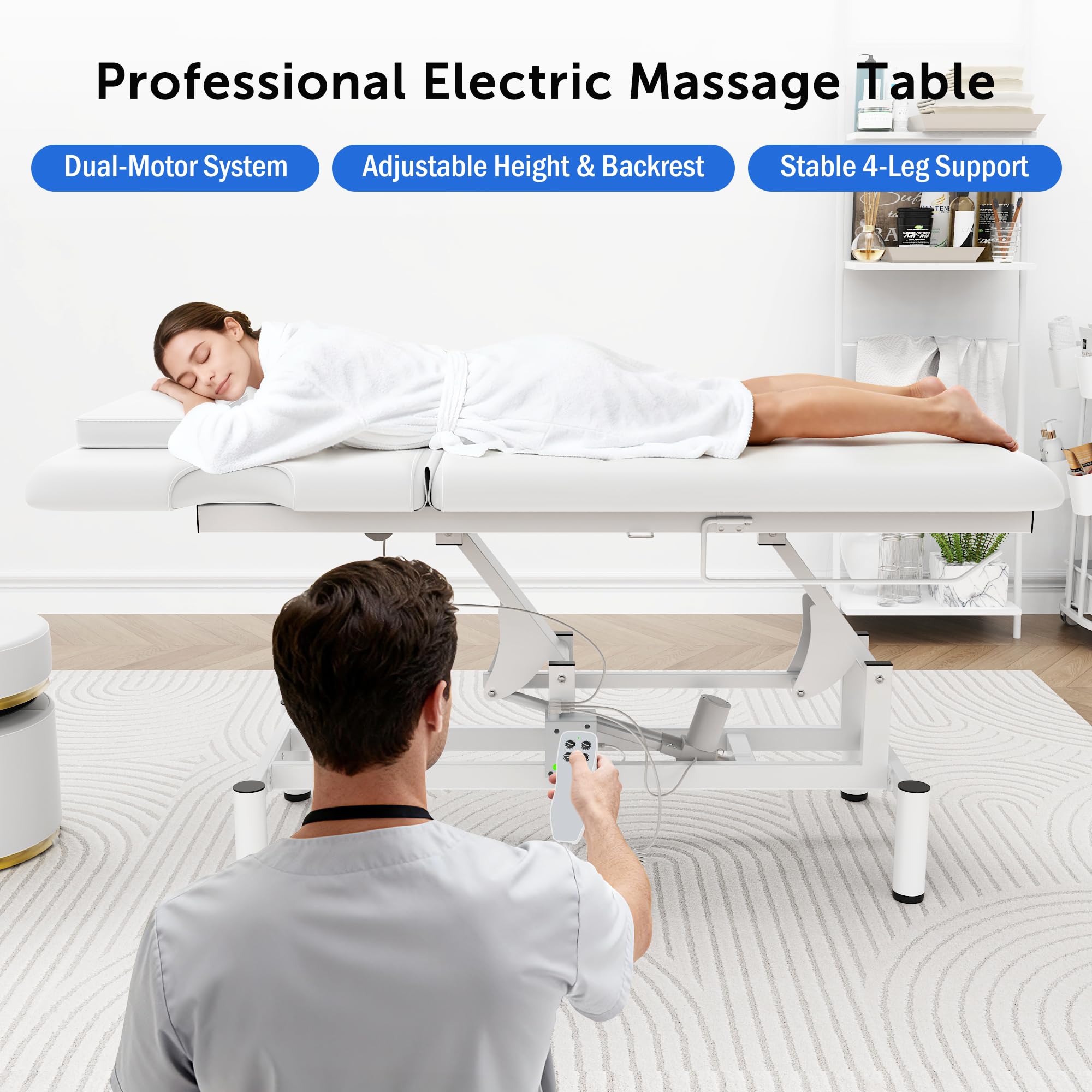 Professional Electric Massage Table, 2 Motors Hydraulic Electric Lift Adjustable Backrest and Height Lifting Functions for Treatment/Physical Therapy/Spinal Massage/Facial Spa/Waxing/Tattooing - White