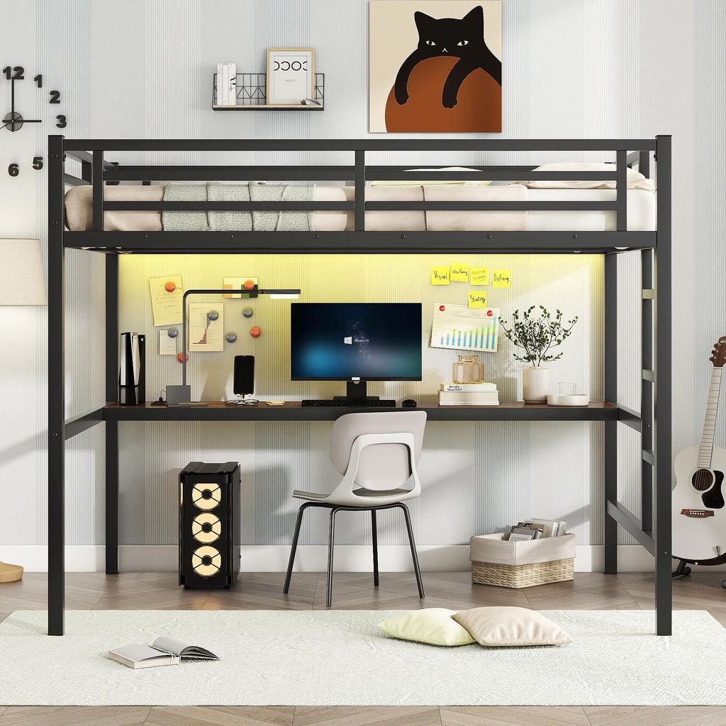 Bellemave Metal Full Size Loft Bed with Desk and Charging Station,Heavy Duty Loft Bed Frame with LED Lights and USB for Kids,Teens,Adults,Full Size,Black