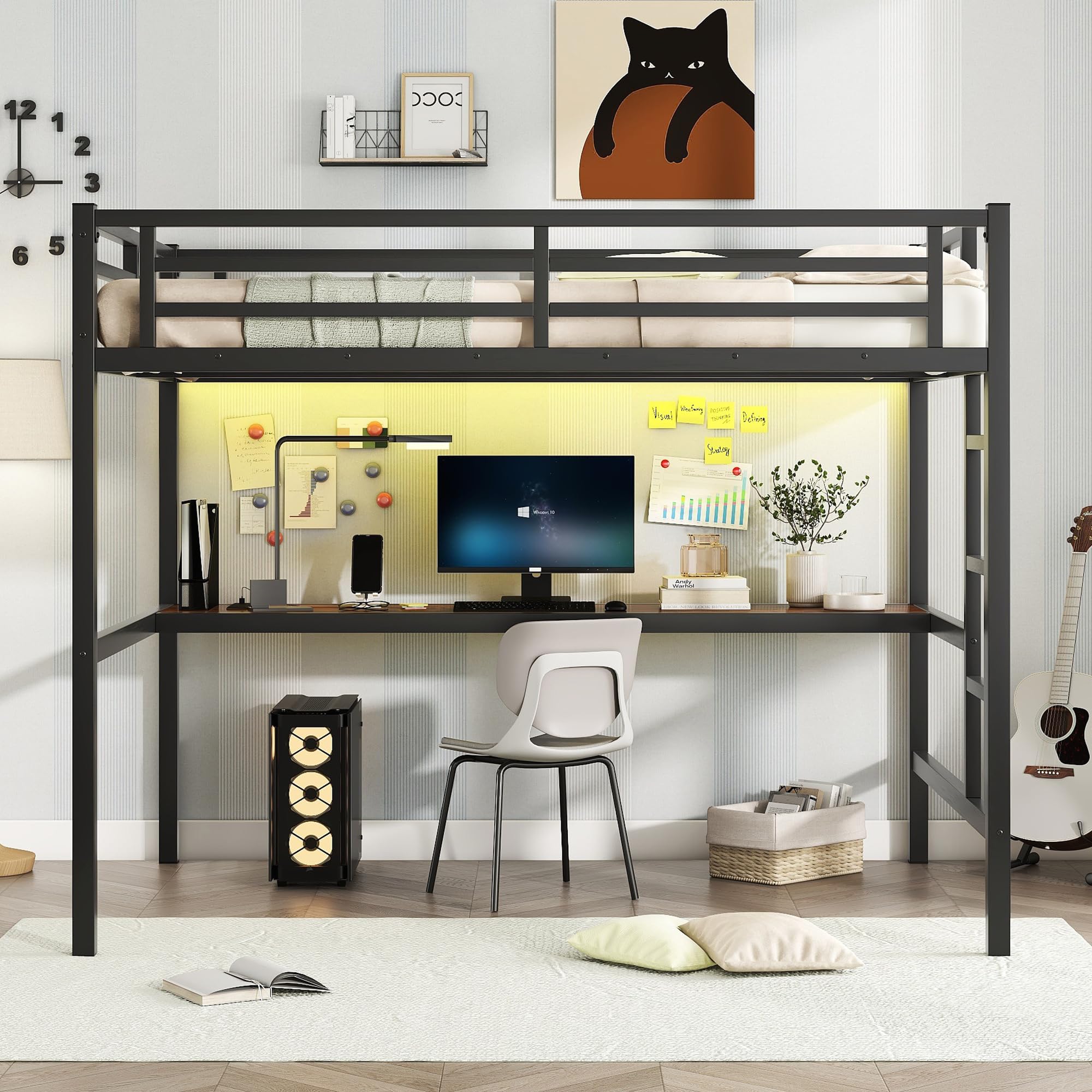 Bellemave Metal Full Size Loft Bed with Desk and Charging Station,Heavy Duty Loft Bed Frame with LED Lights and USB for Kids,Teens,Adults,Full Size,Black