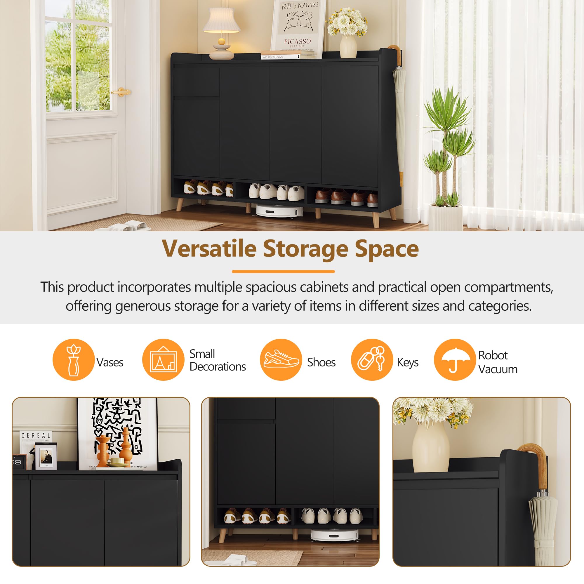 Ball & Cast 55" Modern Shoe Cabinet with Doors and Drawer, Freestanding Shoes Rack with Solid Wood Legs & Adjustable Shelf, Storage Sideboard for Entryway,Living Room,Hallway,Bedroom Black