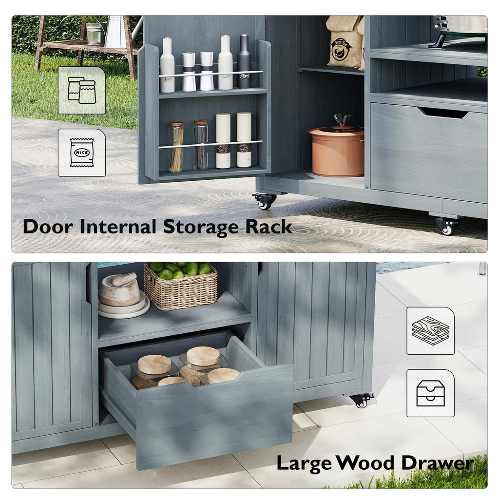Merax Outdoor Grill Table for Big Green Egg Grills, 66.5" Patio Kitchen Island on Wheels with Stainless Steel Tabletop,Drawer and Spice Rack, Solid Wood Outdoor Storage Cabinet for Backyard, Grey Blue