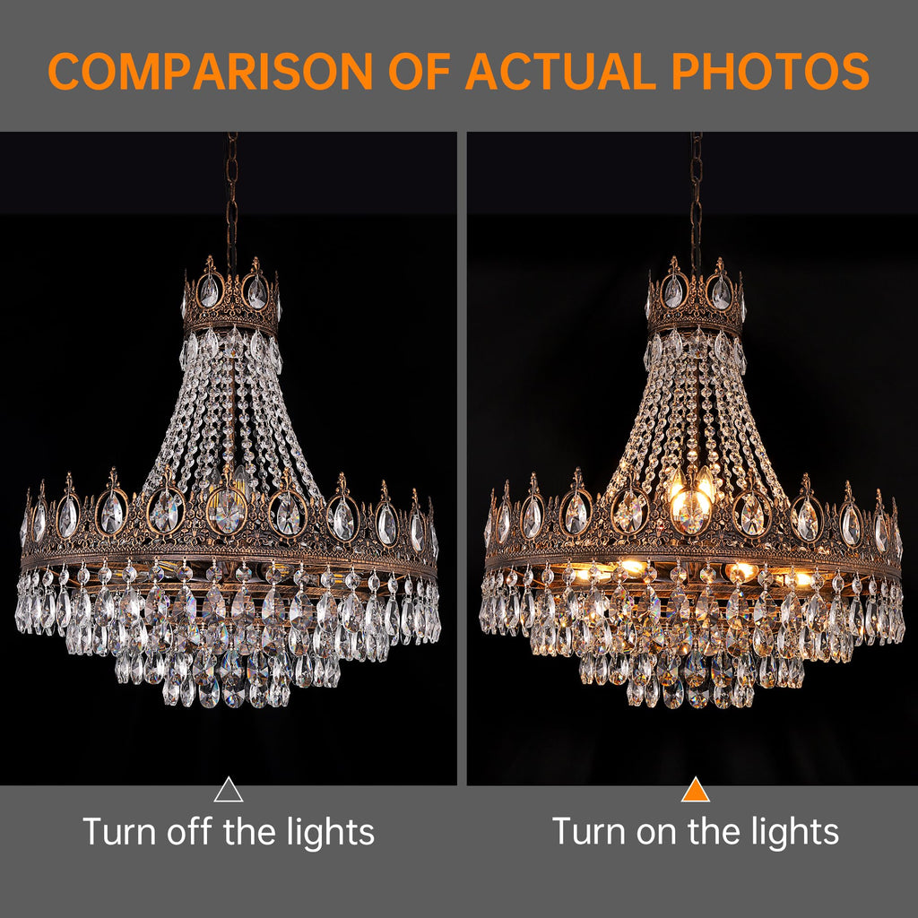 TOCHIC French Empire Crystal Chandelier, 9-Light Farmhouse Antique Bronze Chandelier Vintage Rustic Ceiling Light Fixture for Dining Living Room, Bedroom, Kitchen Island, Bathroom, Foyer, 24" W