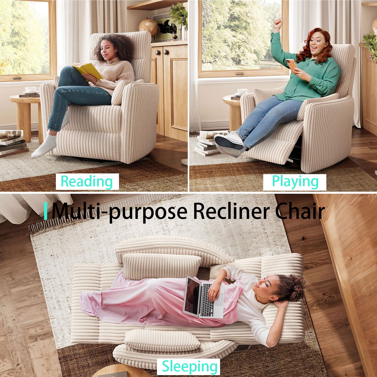 LINSY 360 Swivel Recliner Chair, Nursery Glider Rocking Chair with 2 Pillows, Corduroy Nursing Chair Comfy High Back Adult Rocker Recliner for Small Spaces, Nursery Bedroom Living Room (Beige)