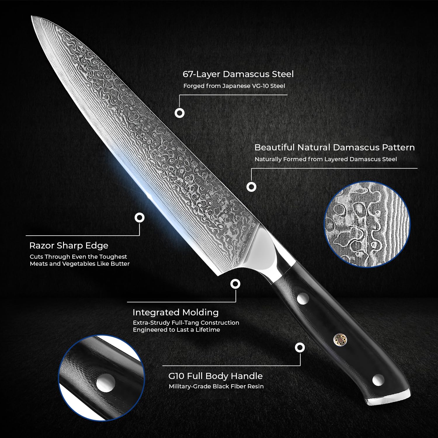 SENKEN 6-Piece Damascus Steel Kitchen Knife Set - Shogun Collection - 67-Layer Japanese VG10 Steel - Chef's Knife, Cleaver Knife, & More, Extremely Sharp Blades for Effortless Cutting, Luxury Gift Box