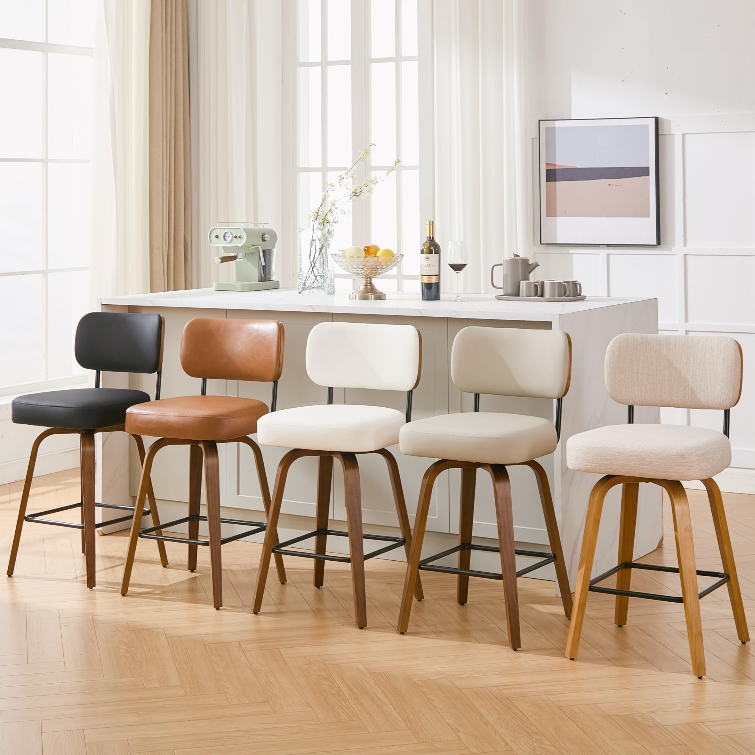 Arvasslia Swivel Bar Stools Set of 3, 26" Upholstered Counter Height Bar Stools with Back and Walnut Wood Legs, Faux Leather Barstools for Kitchen Counter, Beige Gray