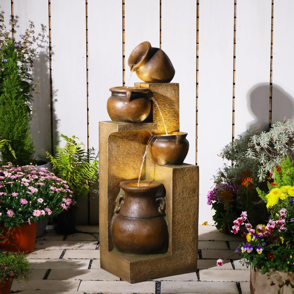 Bumilgar 53" H Large Outdoor Water Fountain with Lights - 4 Tiered Cascading Bowls Waterfall Fountain for Garden, Patio, Backyard, Porch Inside - Freestanding Outdoor Water Feature Gold