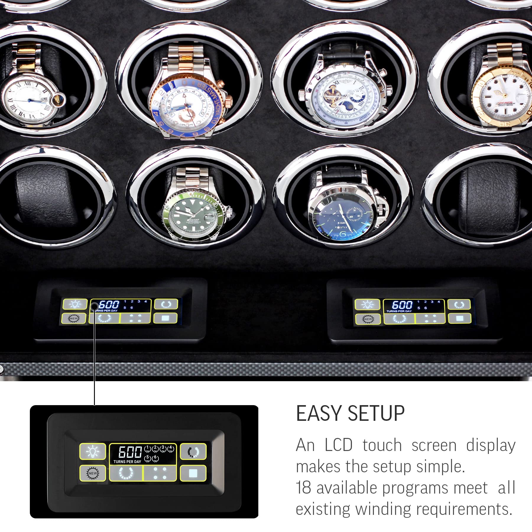 12 Watch Winder for Automatic Watches with LED Light and LCD Touchscreen Control (Burlwood + Beige)