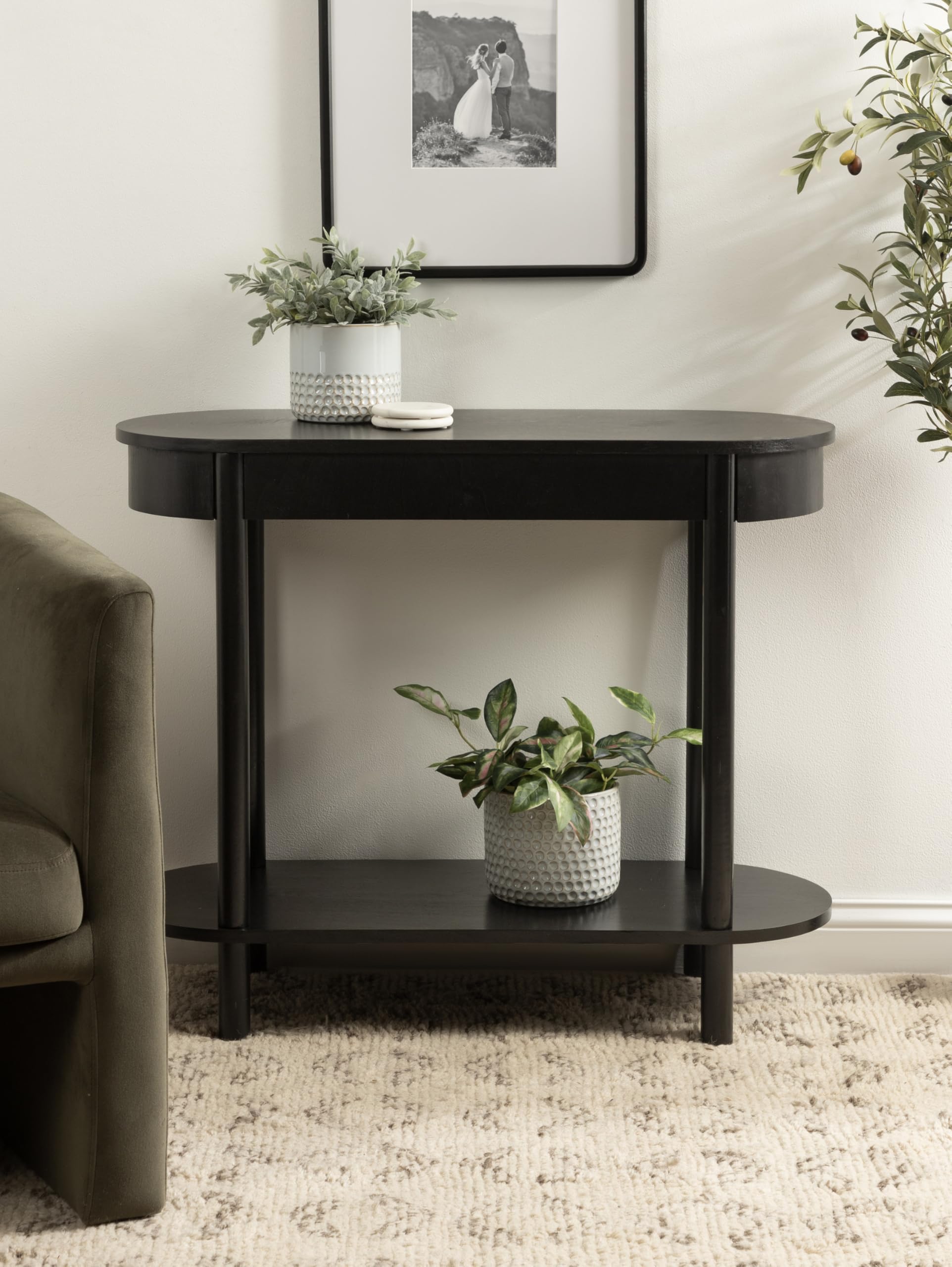 Kate and Laurel Koji Modern Tiered Rectangular Console Table; 36 x 14 x 30; Black; Transitional Two-Tier Wood Capsule Entryway Table with Storage for Use as Living Room Behind Couch Decor