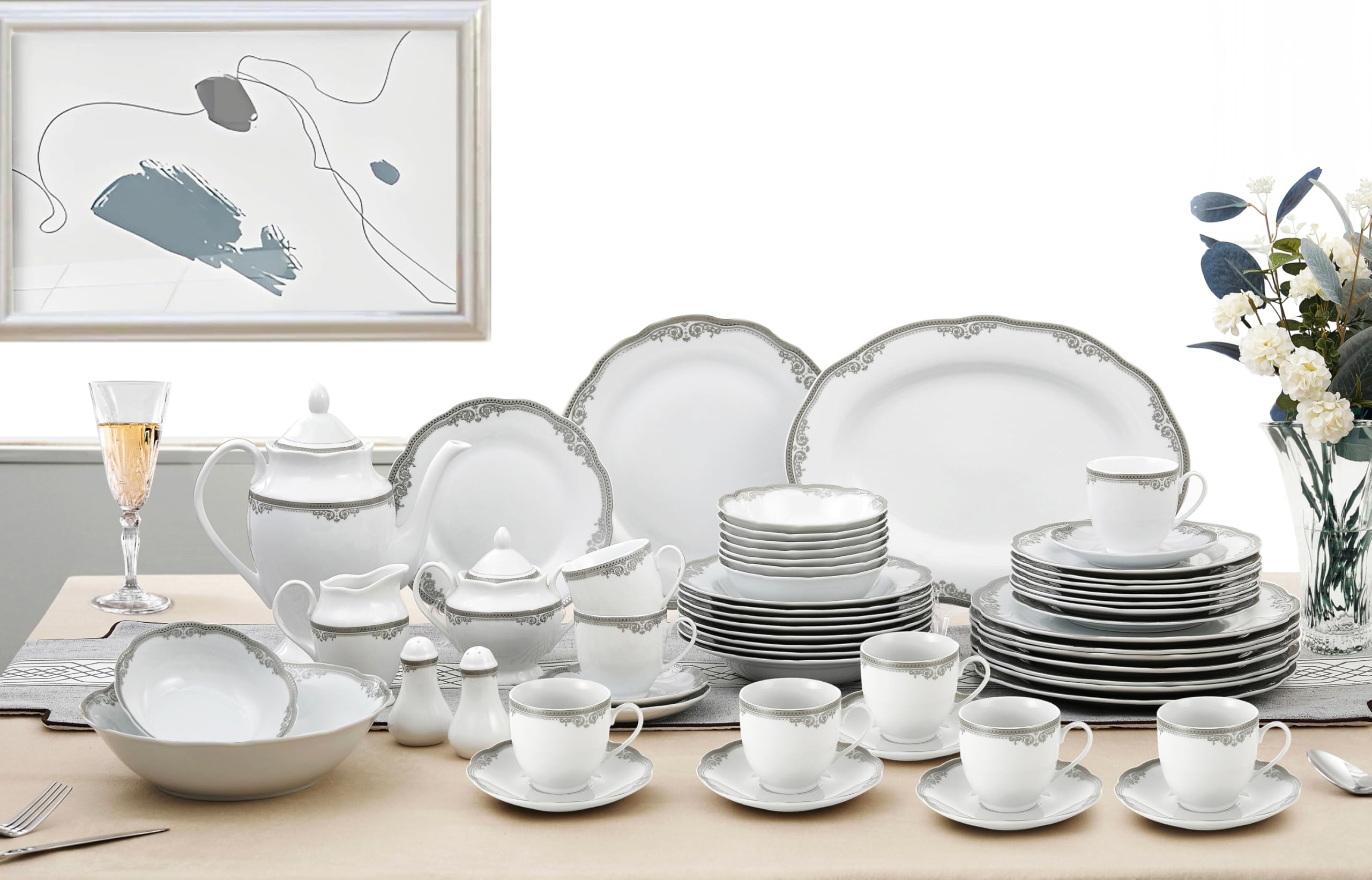 Stylish and Elegant 57 Pieces Porcelain Dinnerware Set Service for 8 People for Hosting Parties and Events - Wavy Edge, Silver Trim