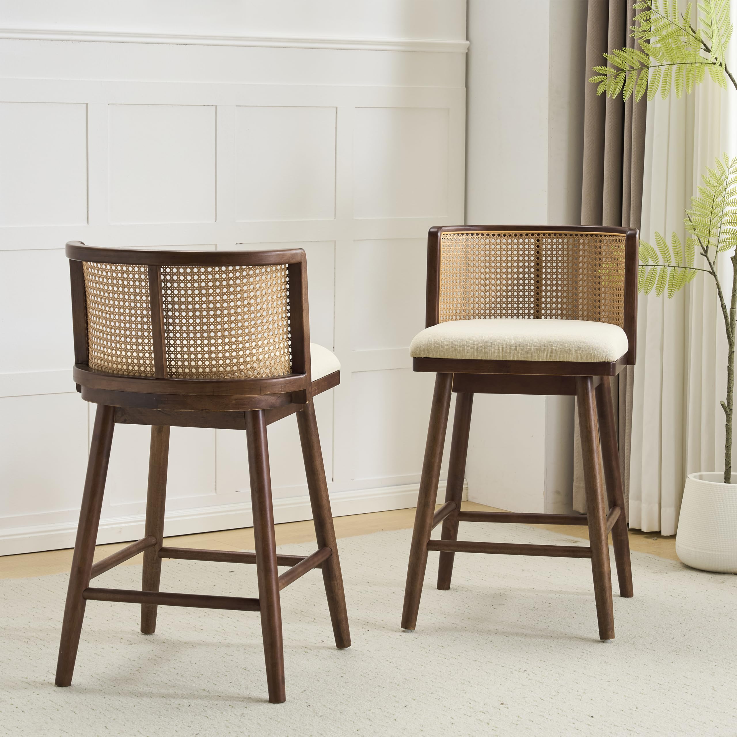 Christopher Knight Home Aphe Counter Height Bar Stools Set of 2, Fabric Upholstered Bar Stool for Kitchen Island, Rubberwood Counter Stools with Woven Rattan Backrest, Beige + Dark Walnut
