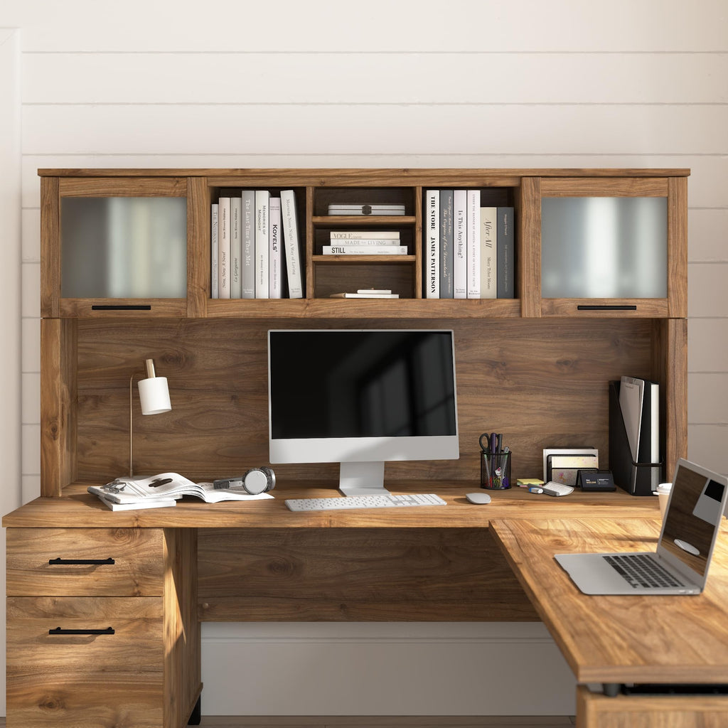 Bush Home 72-Inch Desk Hutch, Office Storage Organizer with Shelves, Cubbies and Frosted Glass Doors for Computer Desk, Home Office Furniture, Somerset Collection, Fresh Walnut