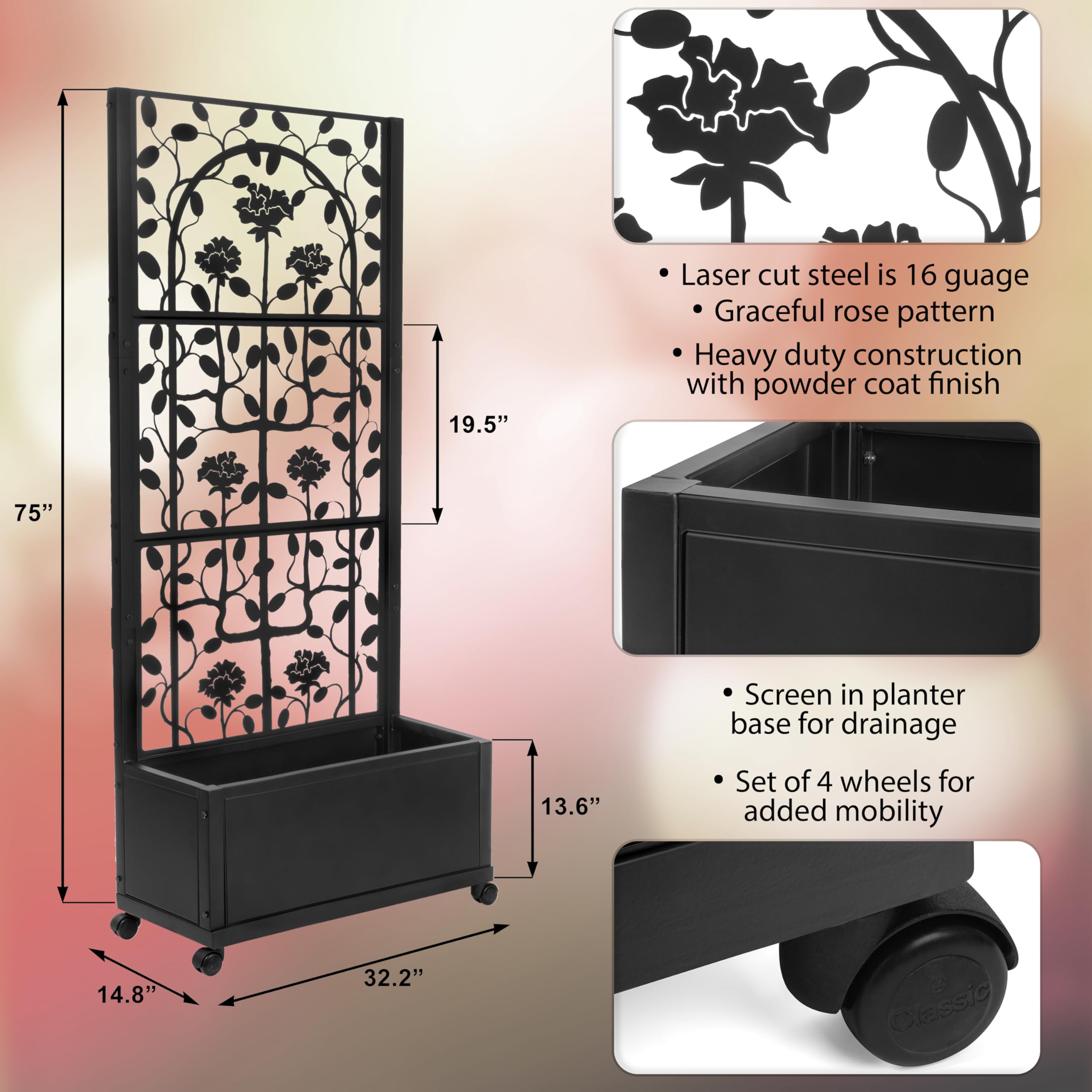 H Potter Black Metal Trellis Planter with Wheels 75” Tall Privacy Screen for Patio Deck Balcony