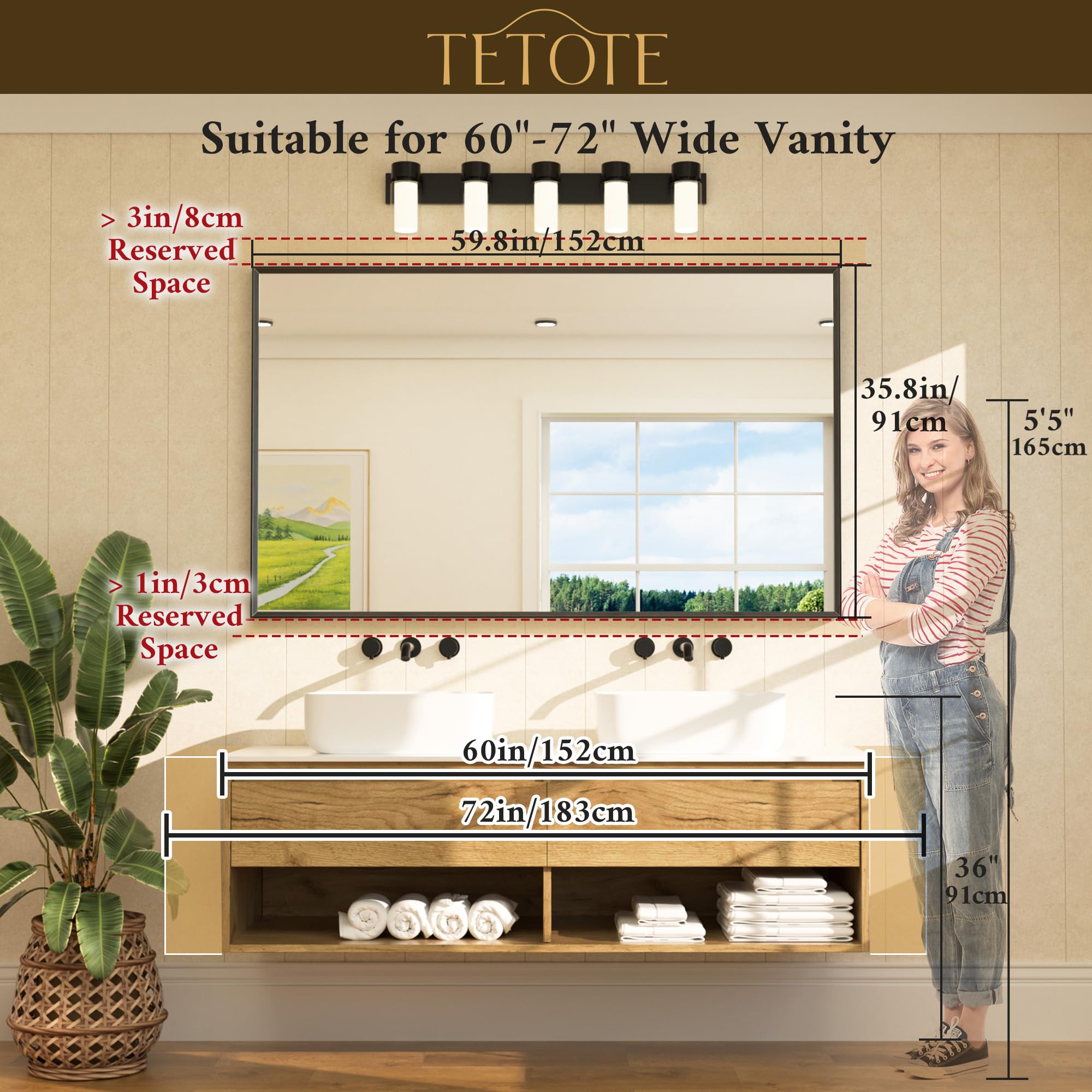 TETOTE Brushed Nickel Vanity Mirror for Bathroom 60" x 36" Beveled Frame Rectangle Bathroom Mirror for Over Sink Brushed Nickel, Tempered Glass, Stronger Frame, Modern Farmhouse Bedroom, Entryway
