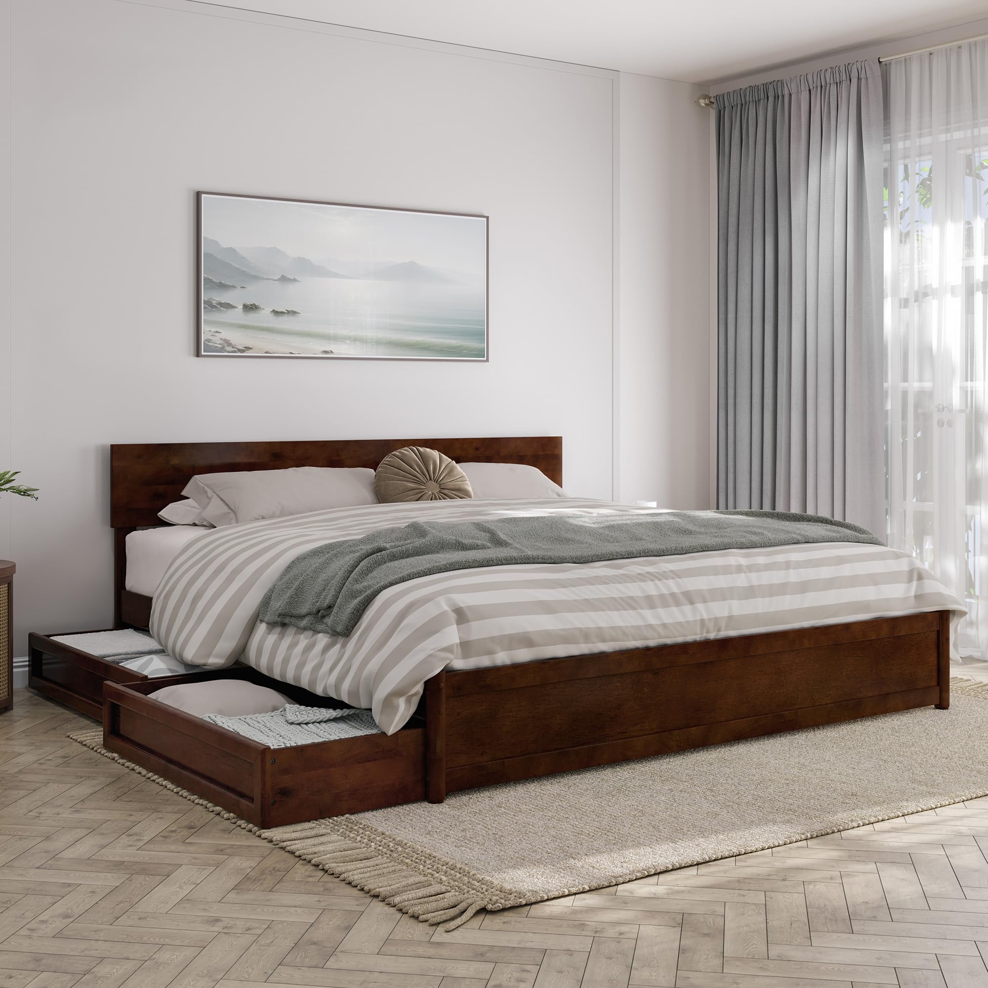 AFI, Wesley King Platform Bed with Panel Footboard & Storage Drawers, Walnut