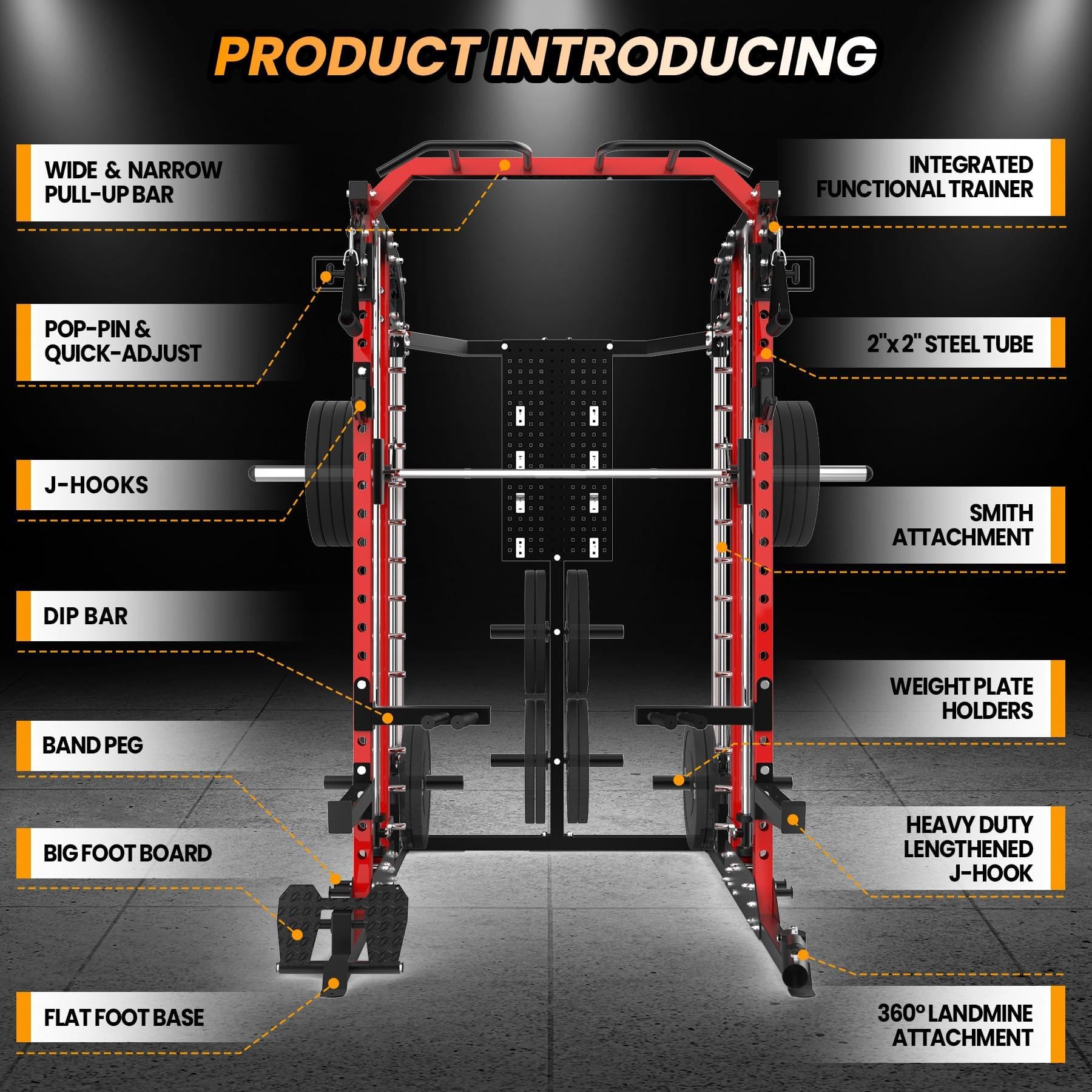 Patikuin Heavy-Duty Power Cage Smith Machine – Multi-Functional Comprehensive Home Gym Rack with Cable Crossover, Dual Pulley, LAT Pulldown, Dip Bars, Tricep Rope – Space-Saving, Black-Red