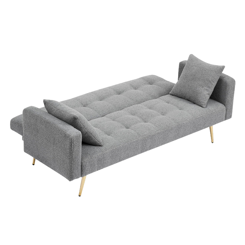 KEIKI 72" Folding Futon Sofa Couch w/Adjustable Backrest, Mid Century Modern Loveseat Convertible to Sleeper Bed, Small Comfy Teddy Cloud Couch SofaBed for Living Room & Bedroom, 2 Pillows, Gray