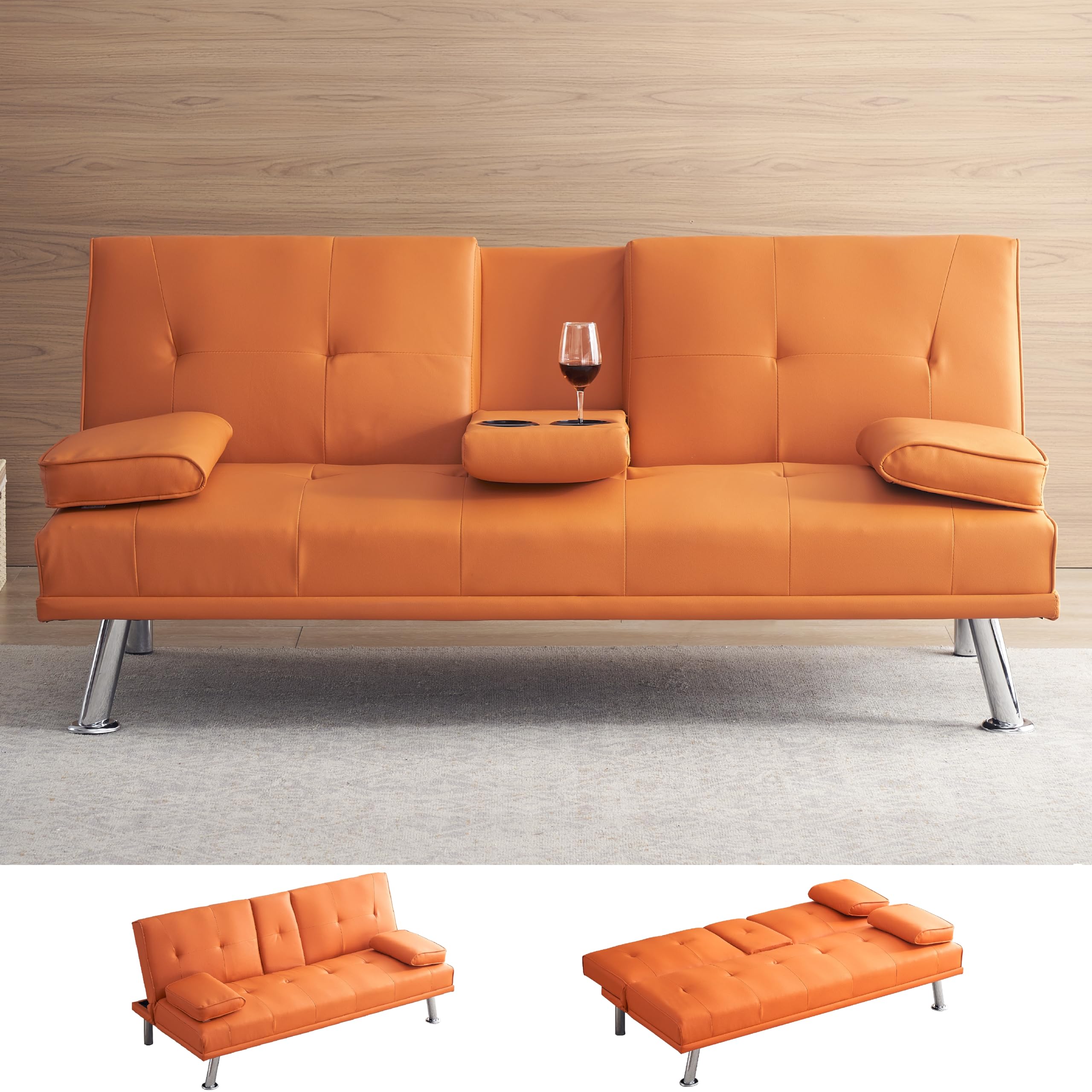 KEIKI 67" Leather Folding Futon Sofa w/Cup Holder & Adjustable Backrest, Mid Century Modern Couch Loveseat Convertible to Sleeper Bed, Comfy Cloud Couch SofaBed for Living Room & Bedroom, Orange