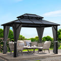 Hardtop Gazebo 10'x12' Double-Layer Polycarbonate Double Roof, Aluminum Frame Pavilion with Privacy Curtains and Netting All-Season for Patio, Garden, Hot Tub & Backyard